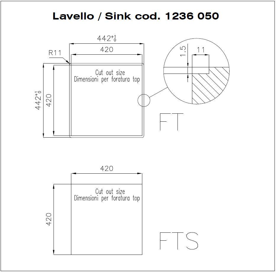 Disegno tecnico con quote per lavello, codice 1236 050.