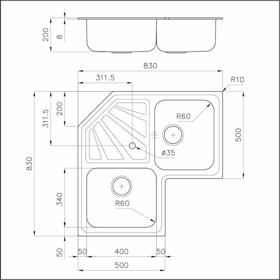 Disegno tecnico di un lavello angolare a due vasche con scolaio e misure.