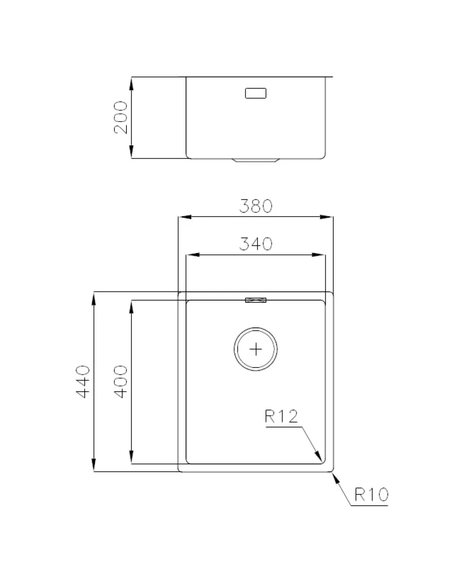 Disegno tecnico di un lavello rettangolare con dimensioni in millimetri.