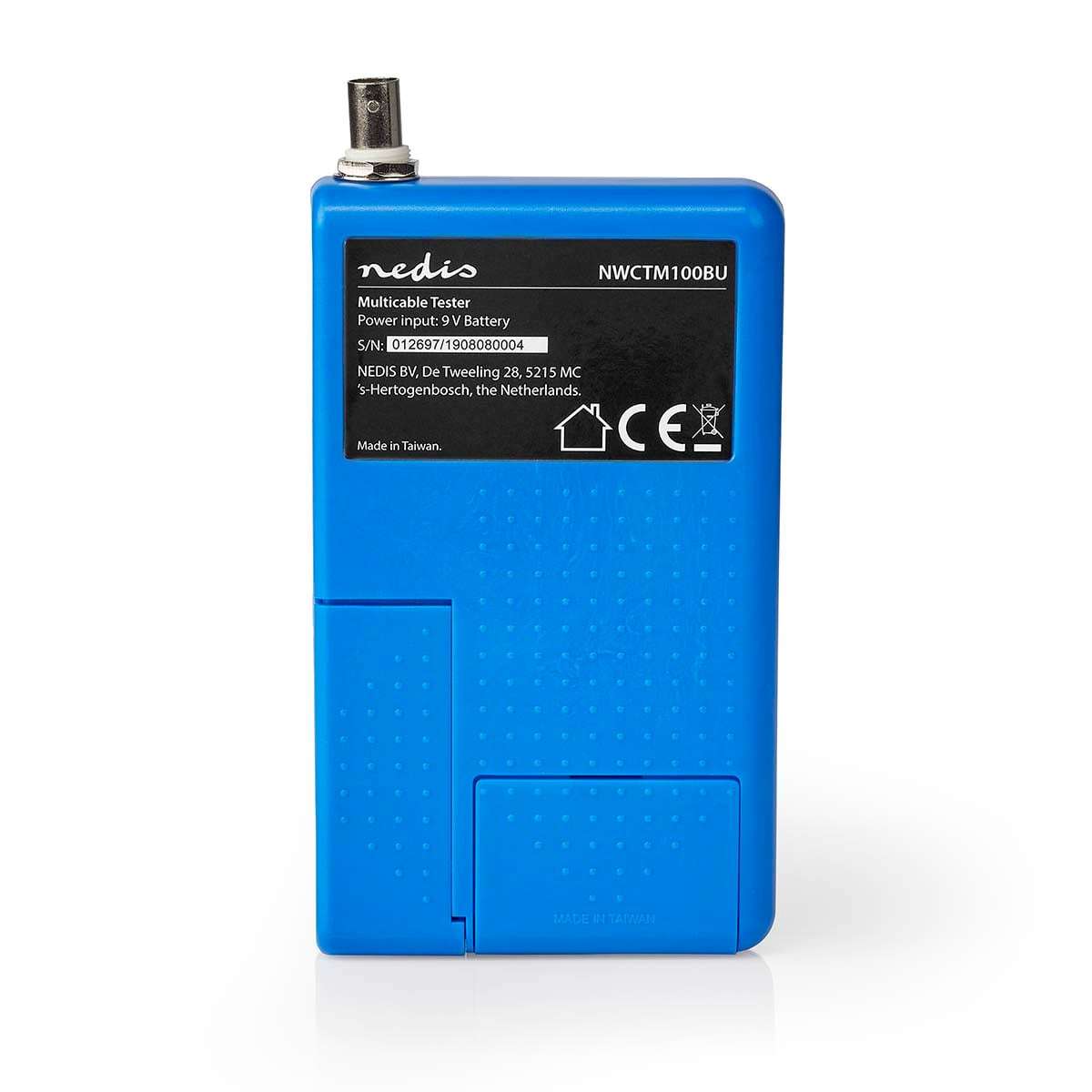 Ein blauer Multikabel-Tester mit weißem Logo und Text auf weißem Hintergrund.