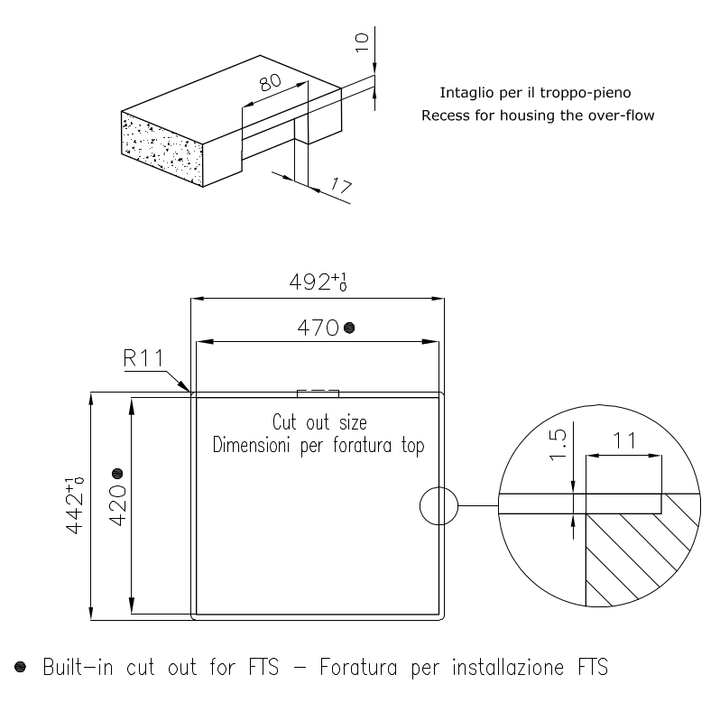 Disegno tecnico con quote per un top e un foro.