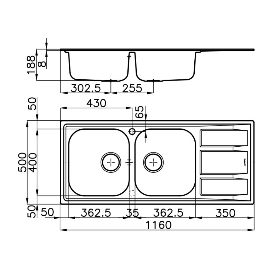 Disegno tecnico di un lavello da cucina doppio con gocciolatoio e dimensioni in millimetri.