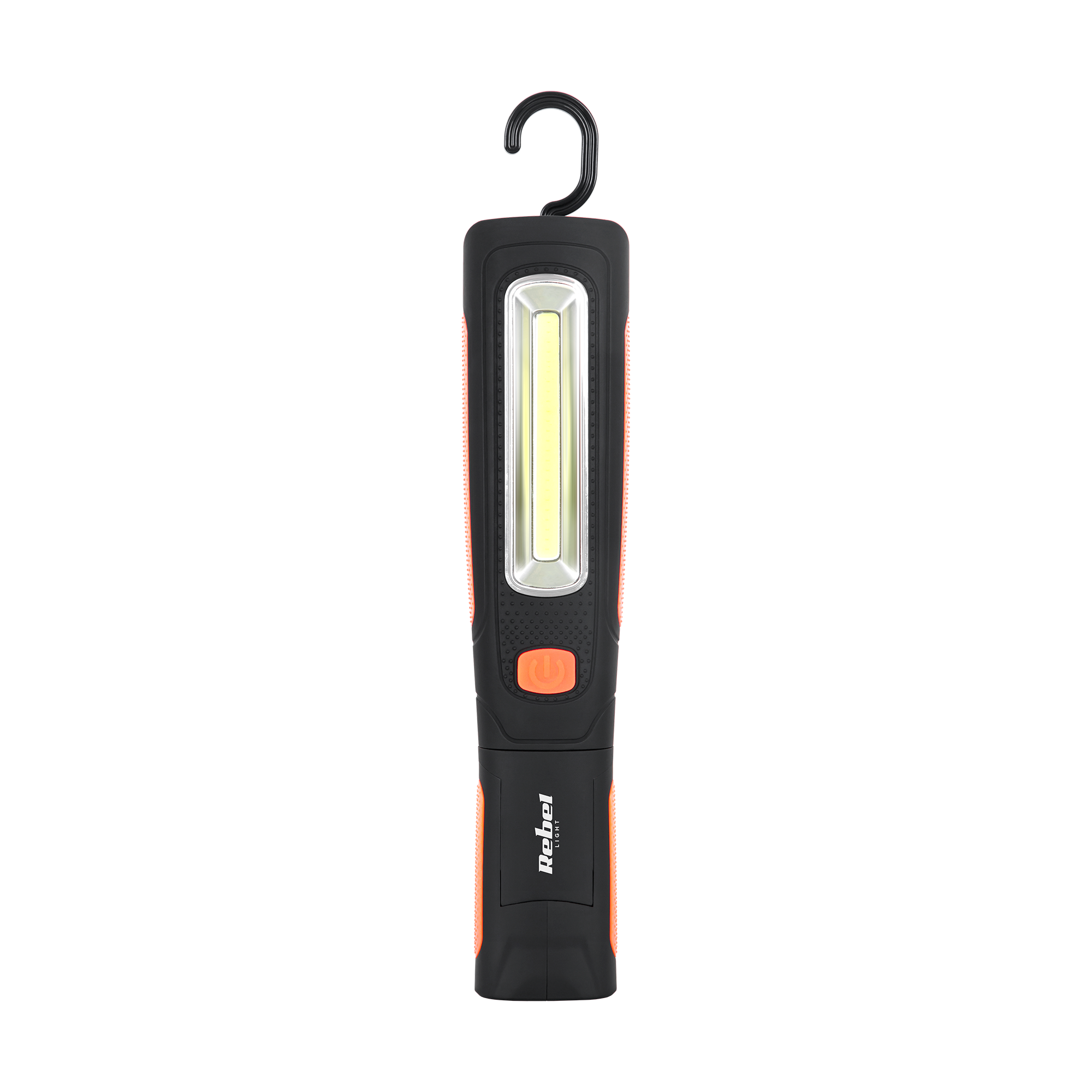 Czarno-pomarańczowa lampa robocza LED z hakiem i napisem Rebel na rączce.