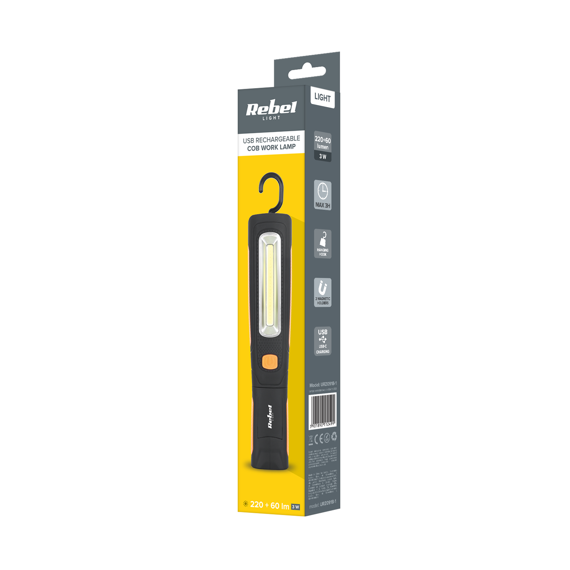 Opakowanie lampy warsztatowej USB Rebel COB z parametrami i wbudowanym hakiem do zawieszania.