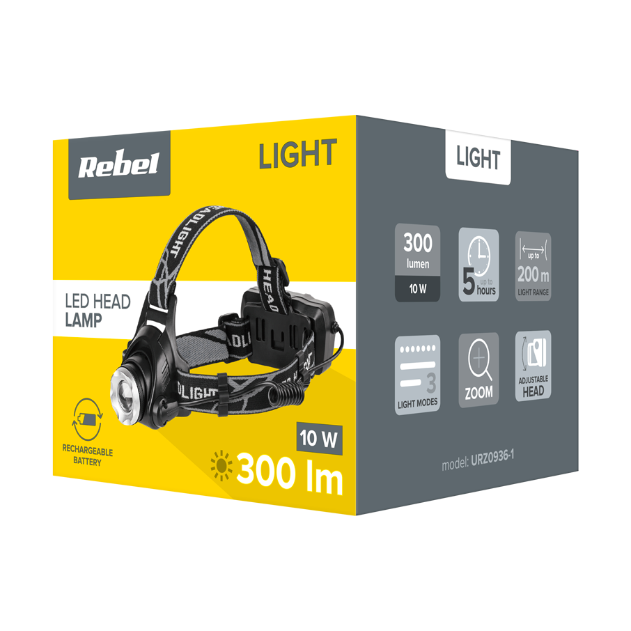 Opakowanie latarki czołowej LED Rebel z 300 lumenami, akumulatorem i funkcjami.