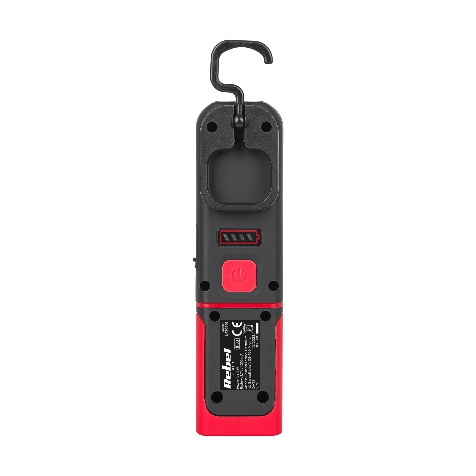 Czarno-czerwona lampa robocza LED Rebel z hakiem do zawieszania i czerwonym przyciskiem zasilania na czarnym tle.