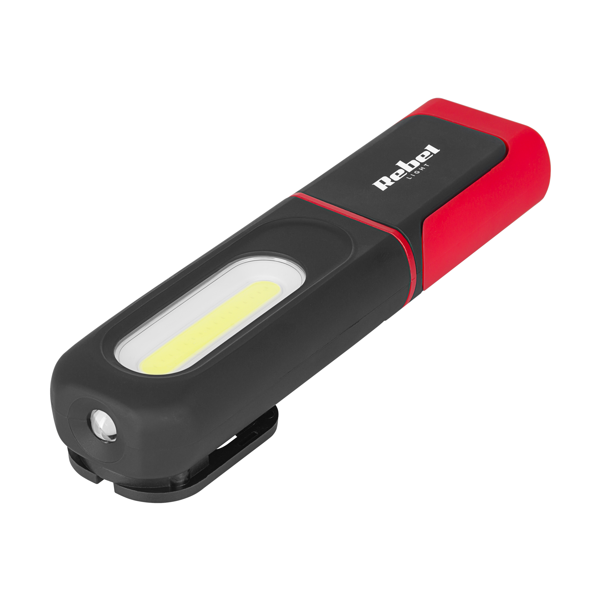 Czarno-czerwona lampa robocza LED z podłużnym paskiem światła COB i logo marki na czarnym tle.