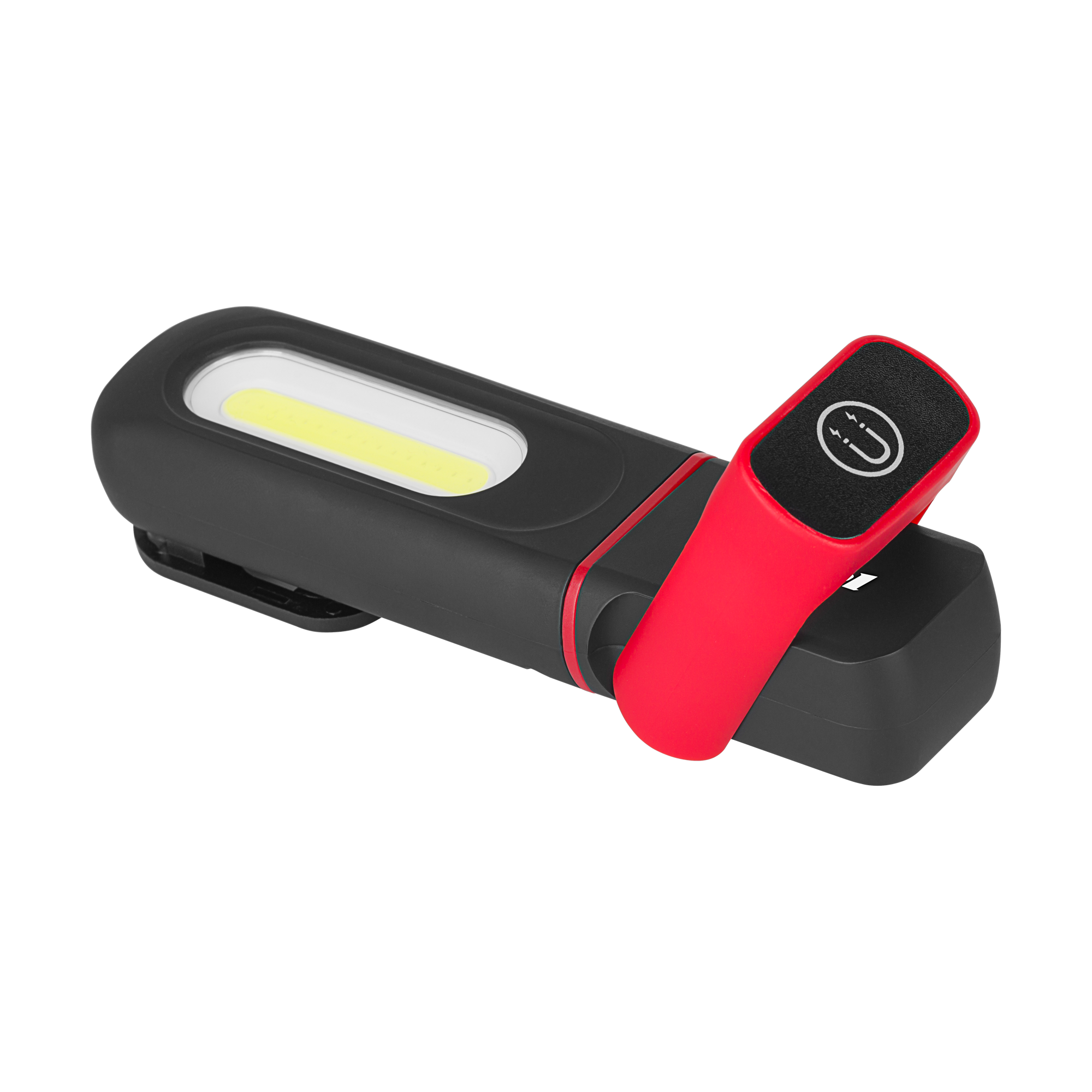 Czarna lampa robocza z żółtym paskiem COB i czerwonym klipsem z symbolem magnesu na czarnym tle.