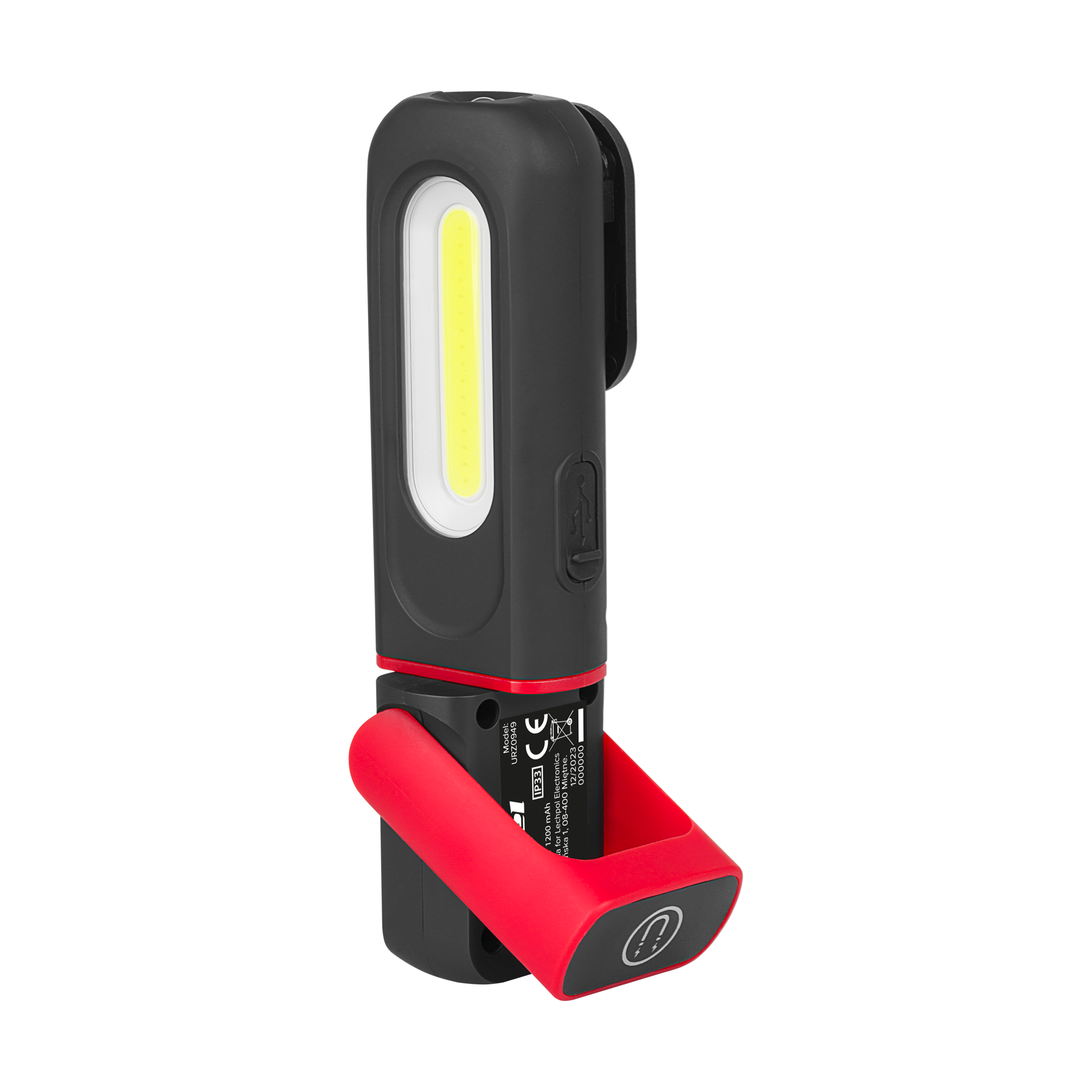 Czarno-czerwona lampa robocza LED z podstawą magnetyczną na czarnym tle.