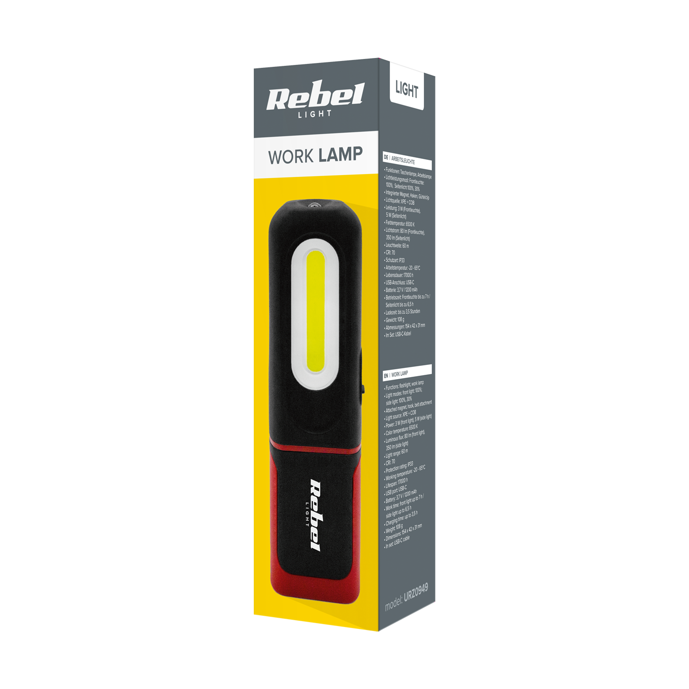 Opakowanie czarno-czerwonej lampy roboczej LED Rebel na żółto-szarym tle z danymi produktu.