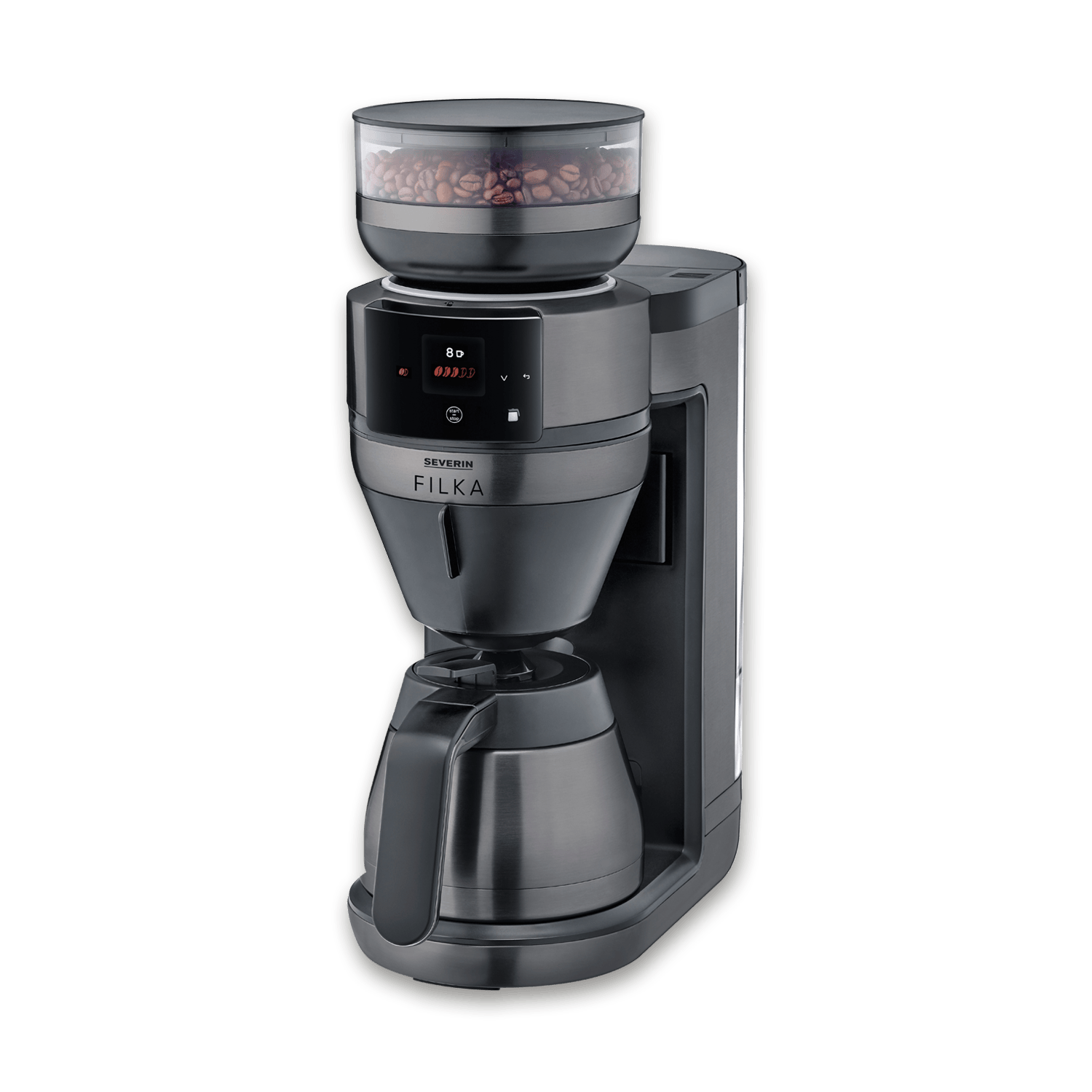 Macchina da caffè Severin Filka grigio scuro con tramoggia per caffè in grani e caraffa termica.