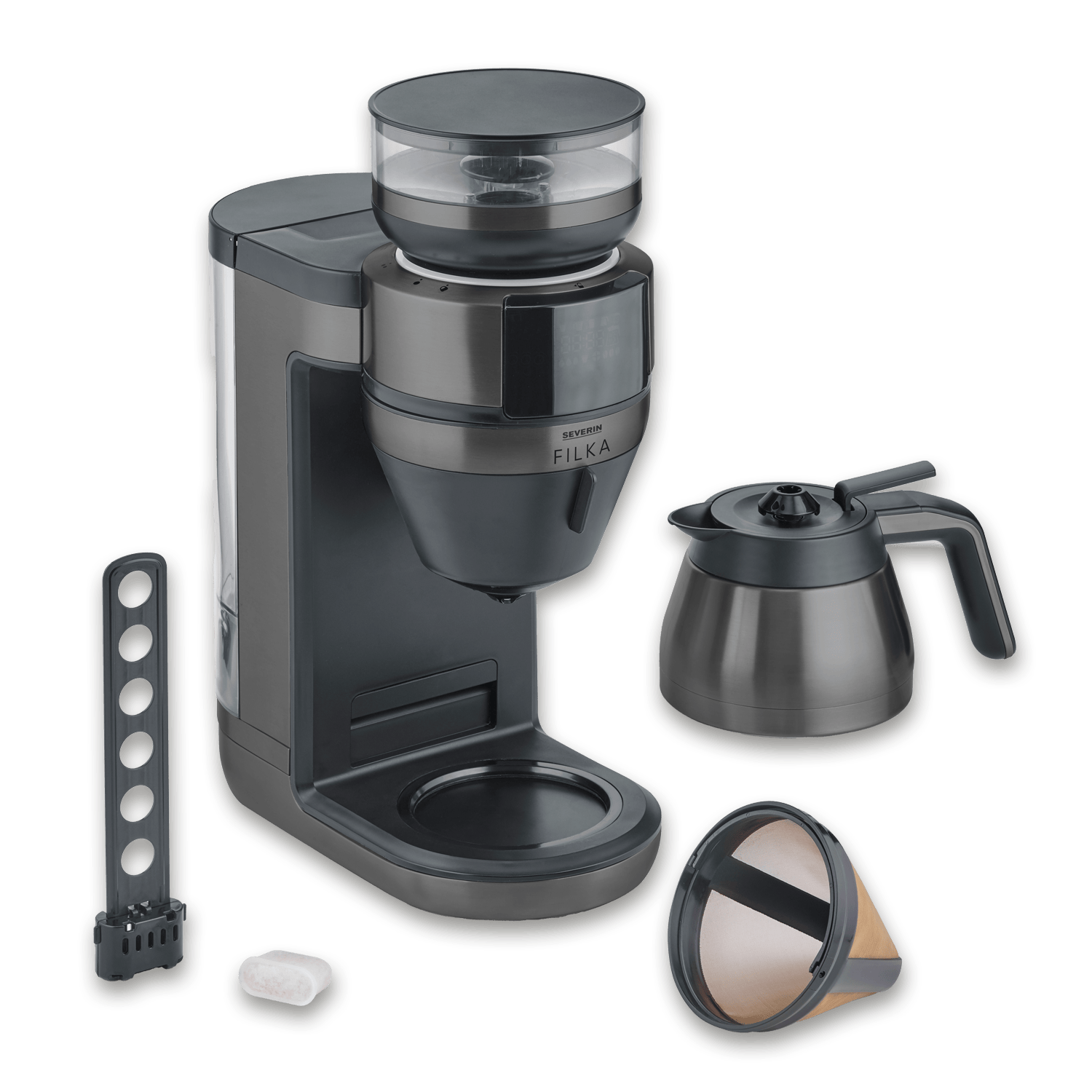 Macchina da caffè Severin Filka nera e grigia con caraffa termica, filtro, filtro dell'acqua e striscia reattiva su sfondo nero.