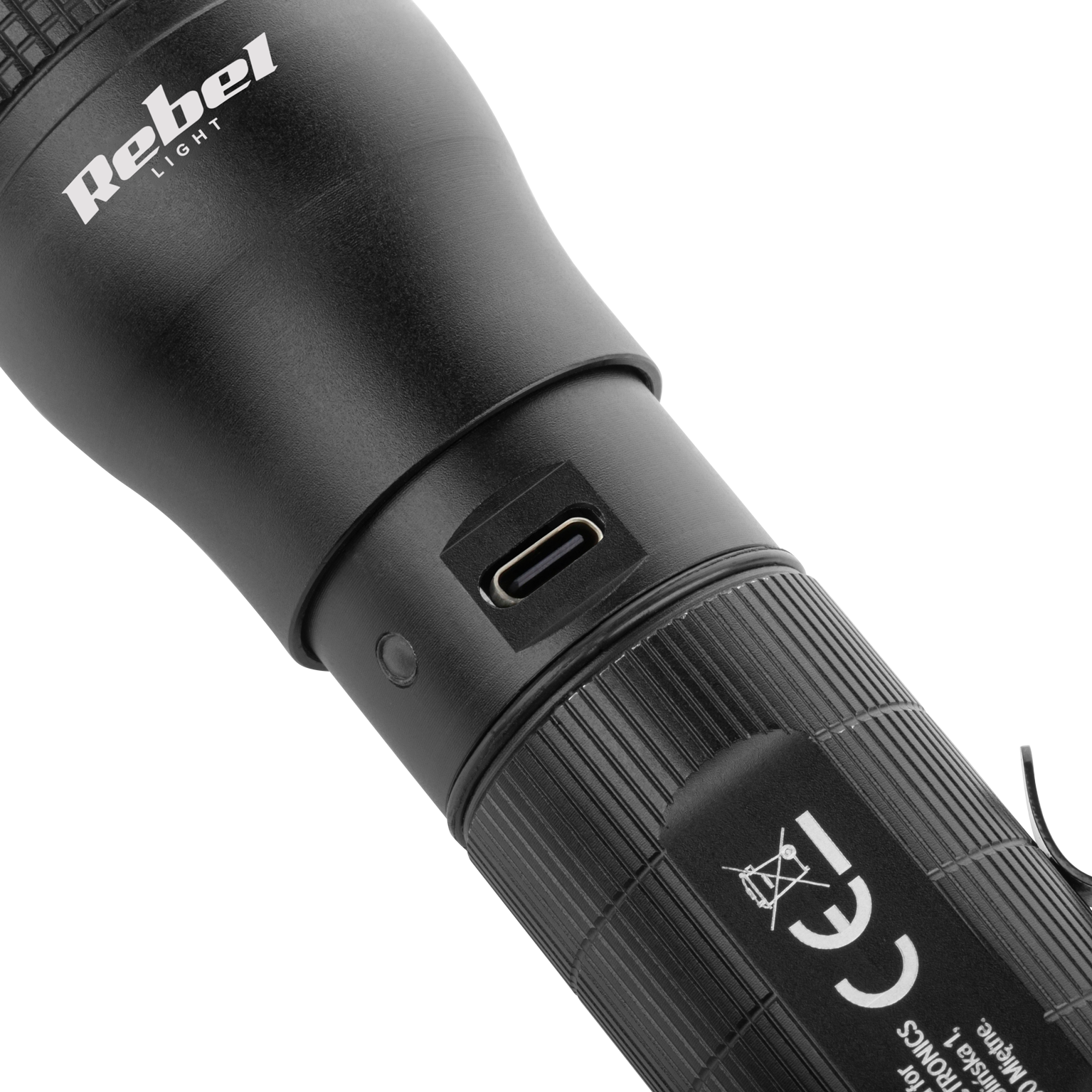 Czarna latarka marki Rebel Light z widocznym portem USB-C.