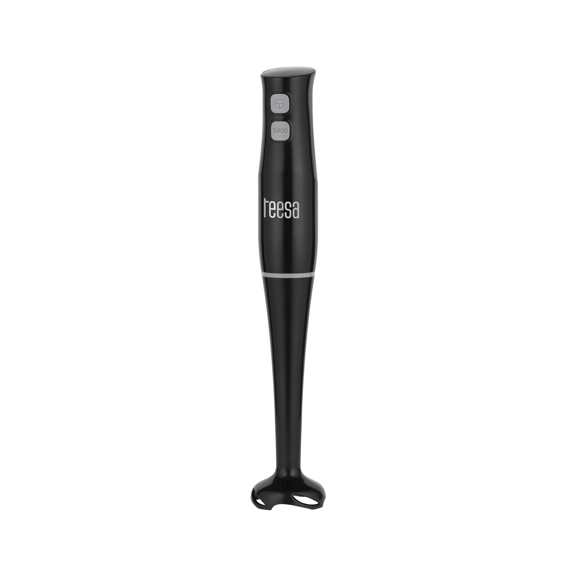 Elegancki czarny blender ręczny Teesa z dwoma srebrnymi przyciskami na czarnym tle.