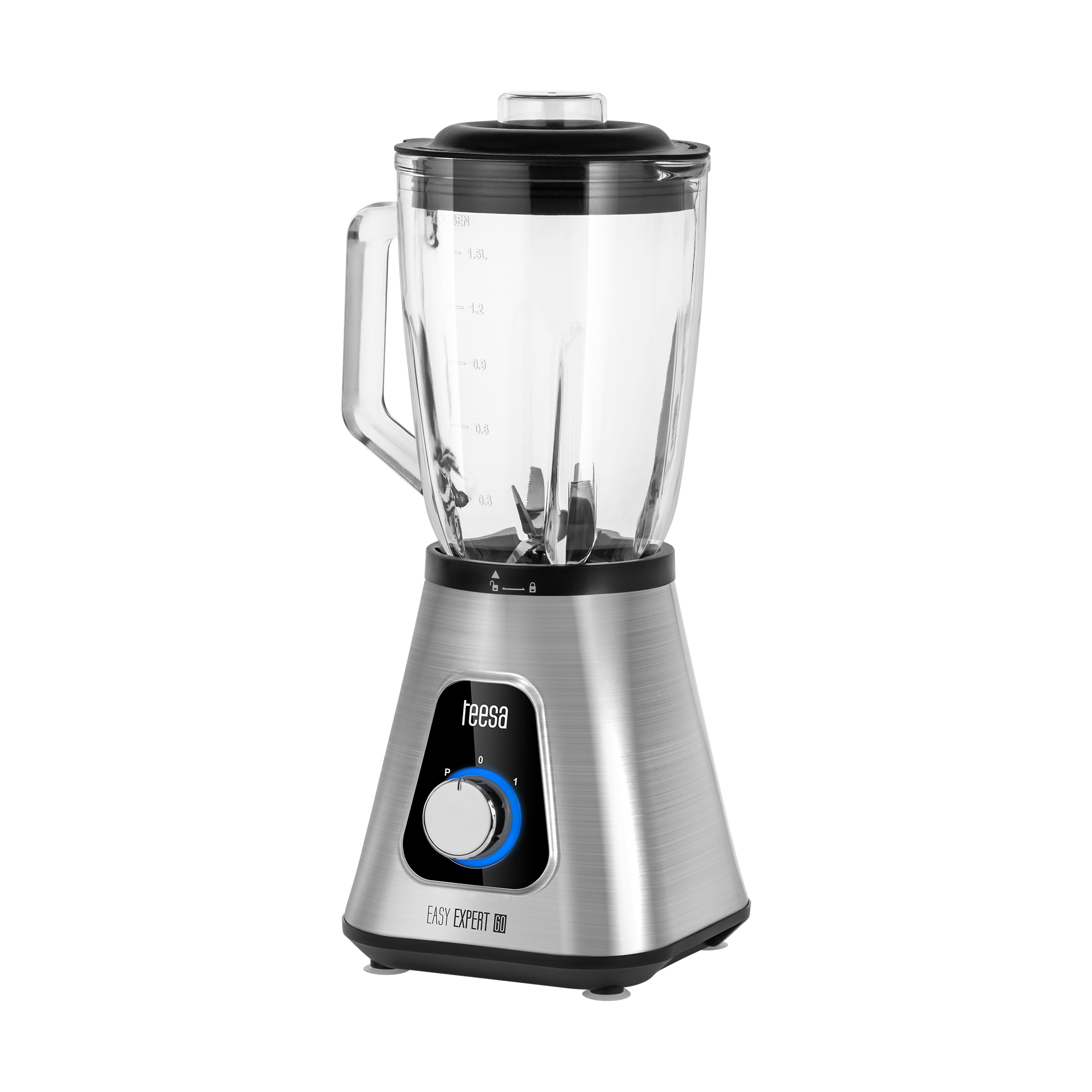 Srebrny blender ze szklanym dzbankiem i czarną podstawą na czarnym tle.