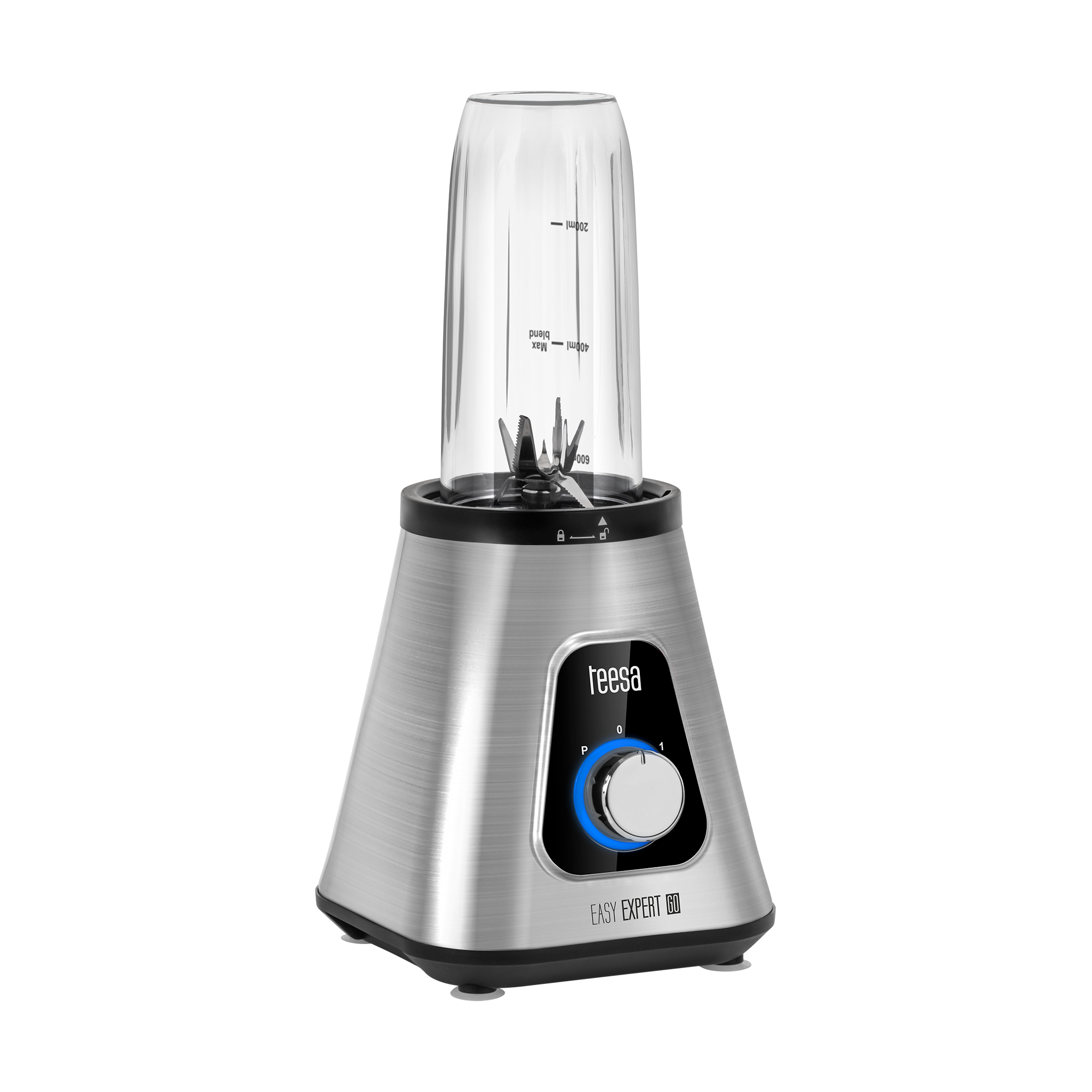 Srebrny blender osobisty Teesa z przezroczystym kubkiem i niebieskim świecącym pierścieniem wokół pokrętła na czarnym tle.