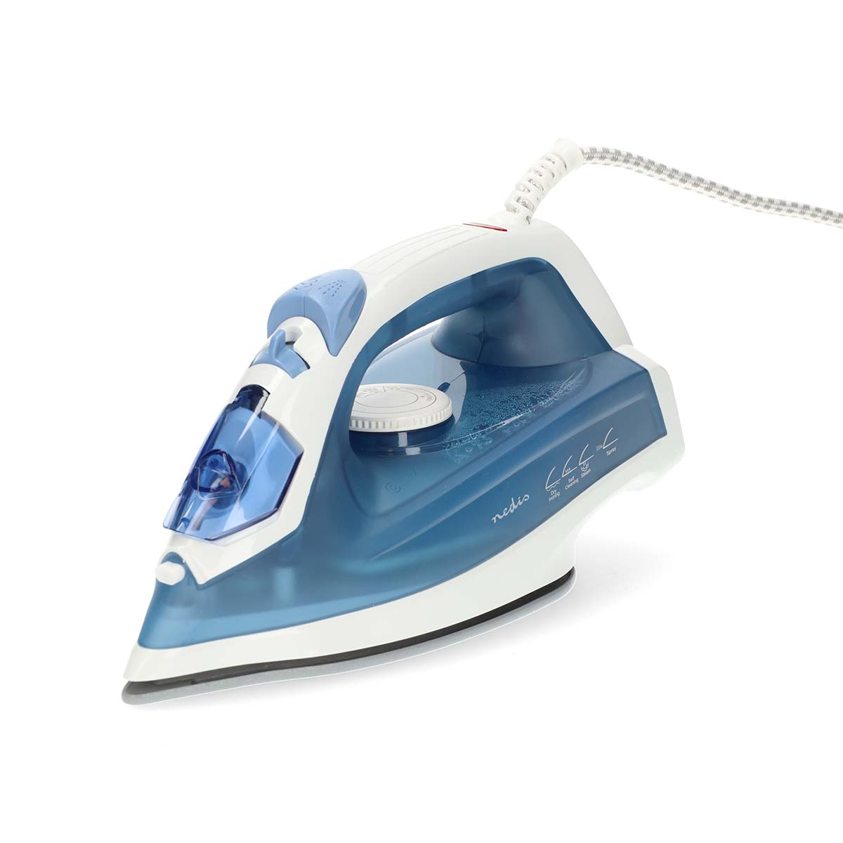Un fer à repasser à vapeur blanc et bleu avec un cordon en tissu blanc sur fond blanc.