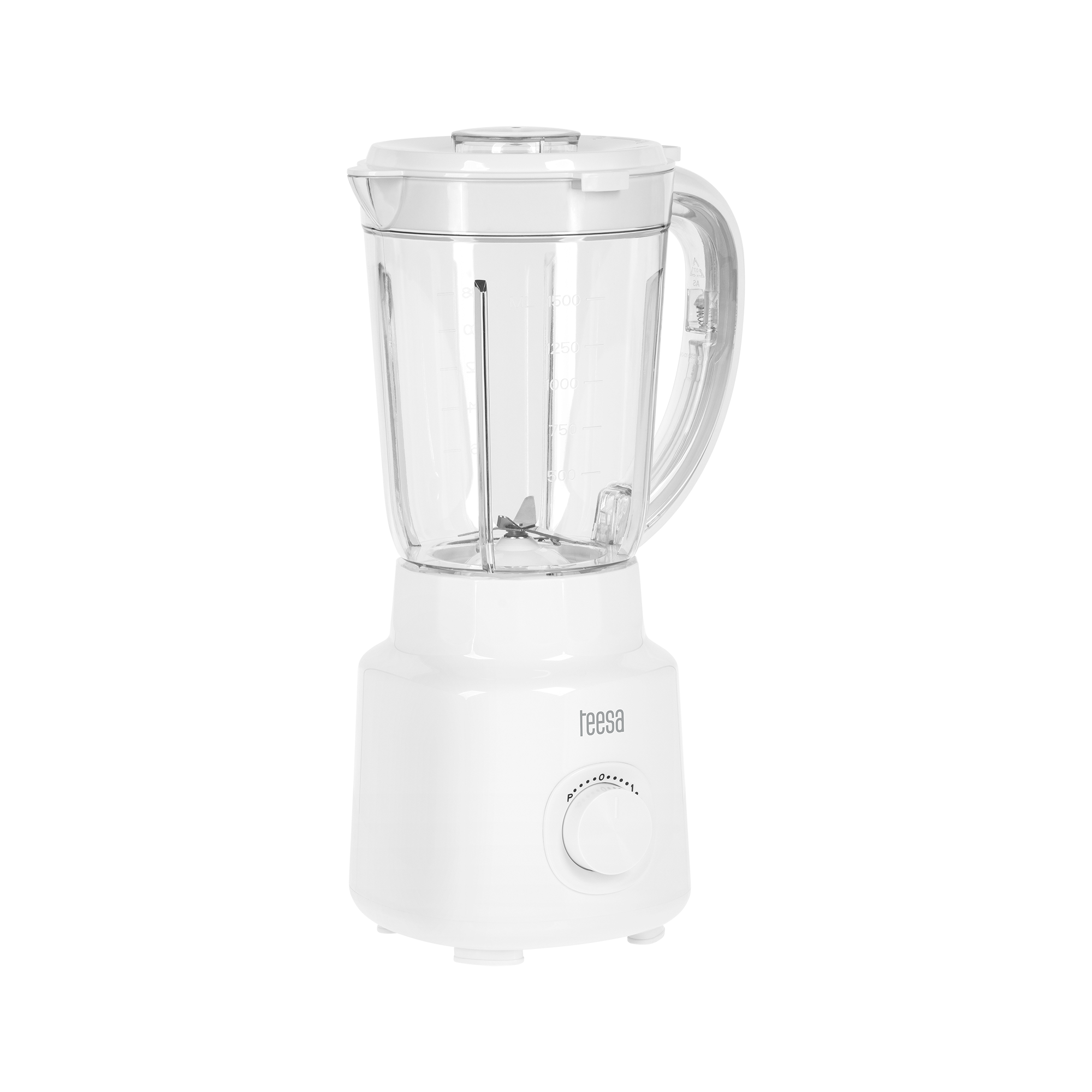 Biały blender elektryczny z przezroczystym dzbankiem, miarką i pokrętłem prędkości na czarnym tle.