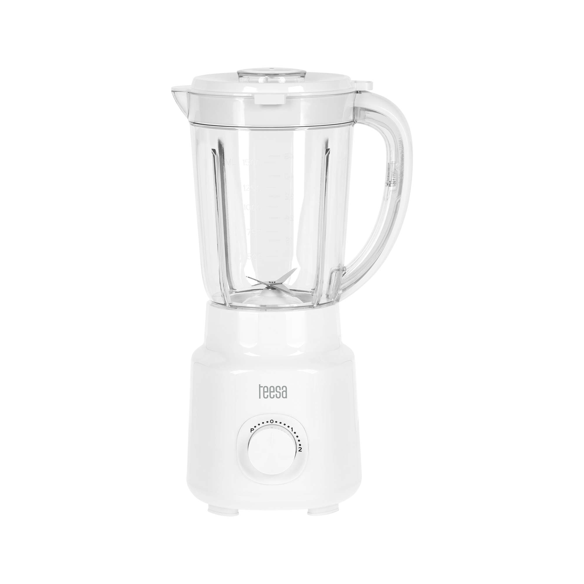 Biały blender elektryczny Teesa z przezroczystym dzbankiem na czarnym tle.