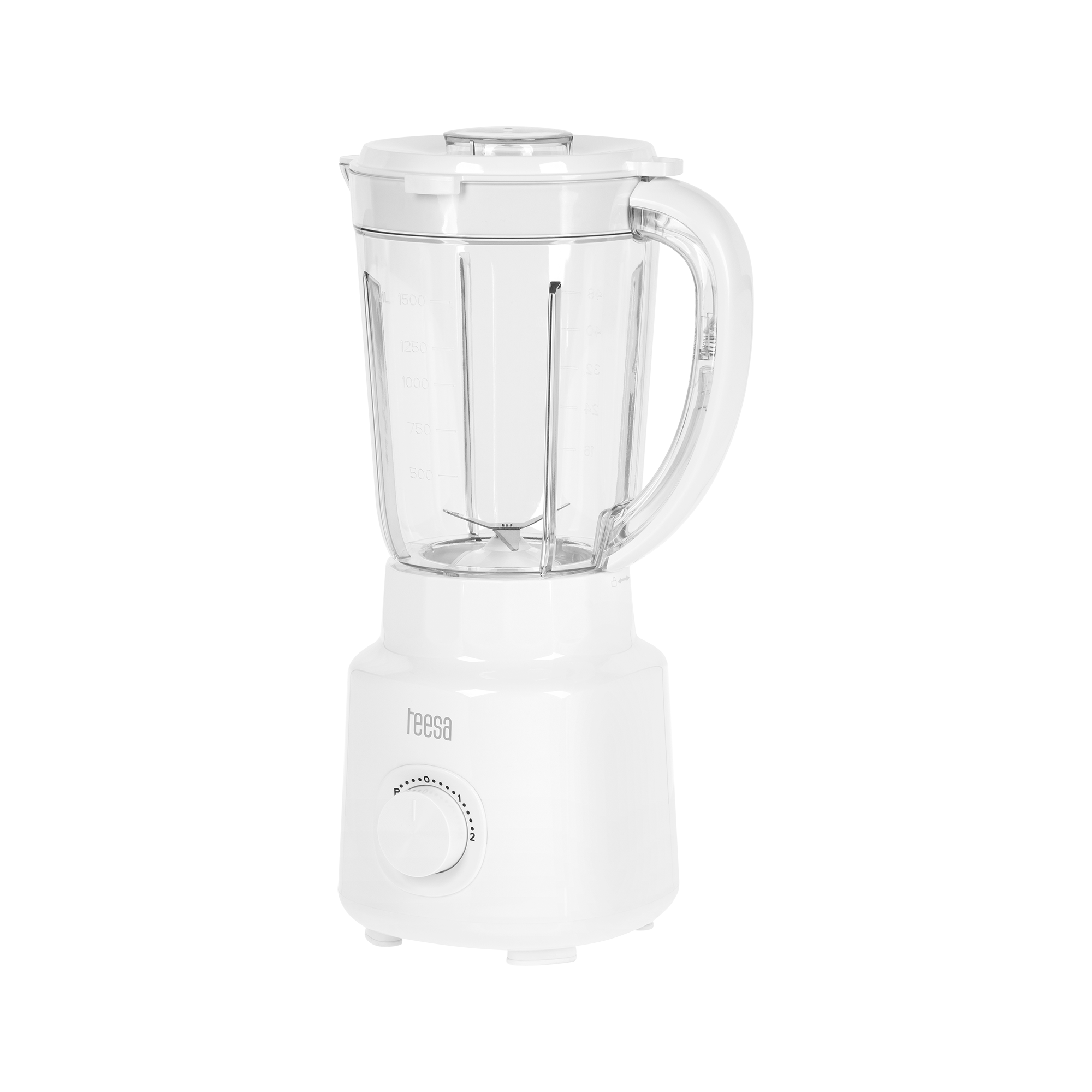 Biały blender kielichowy z przezroczystym dzbankiem i pokrętłem z przodu, na czarnym tle.