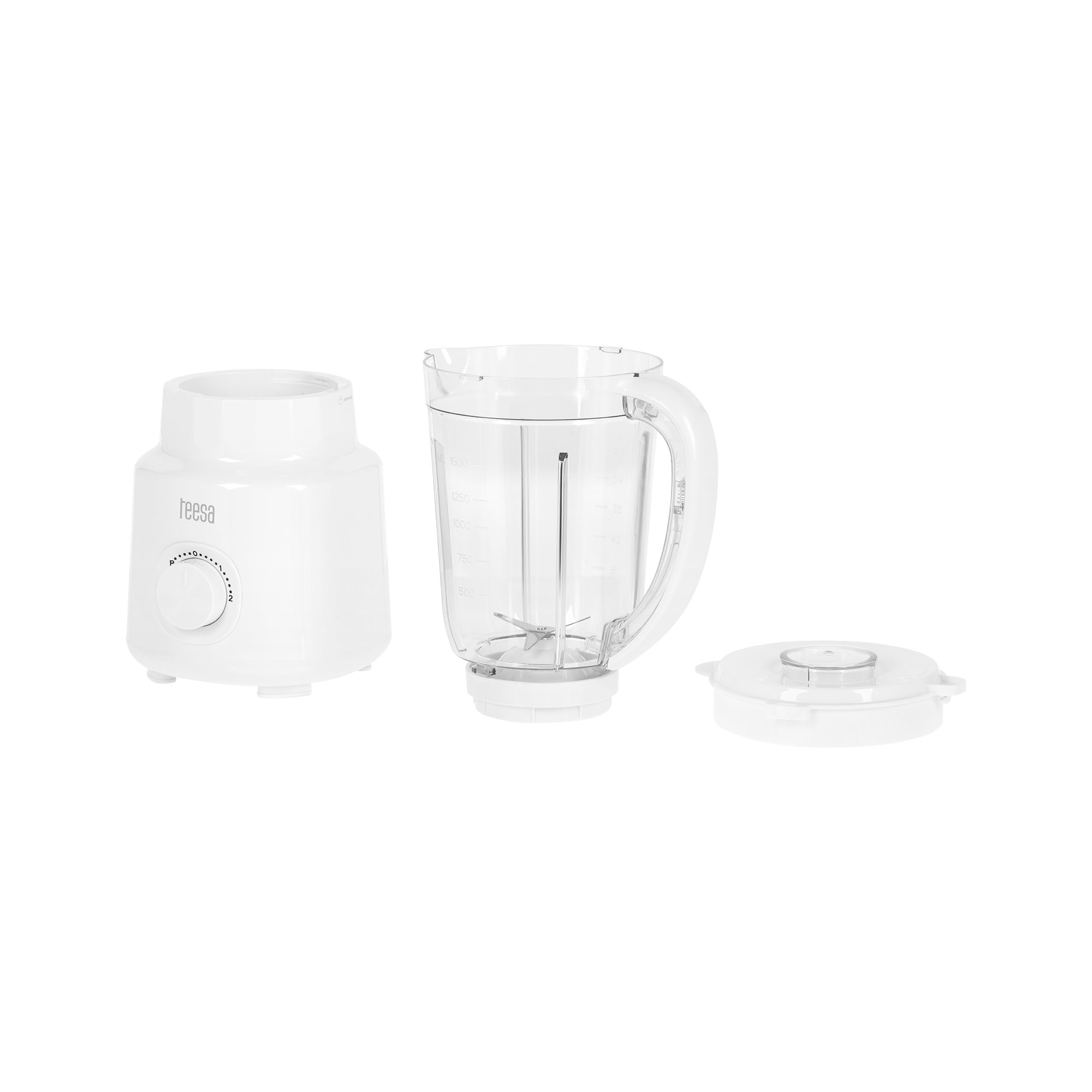 Biały blender marki Teesa z odłączanym szklanym dzbankiem i pokrywką na czarnym tle.