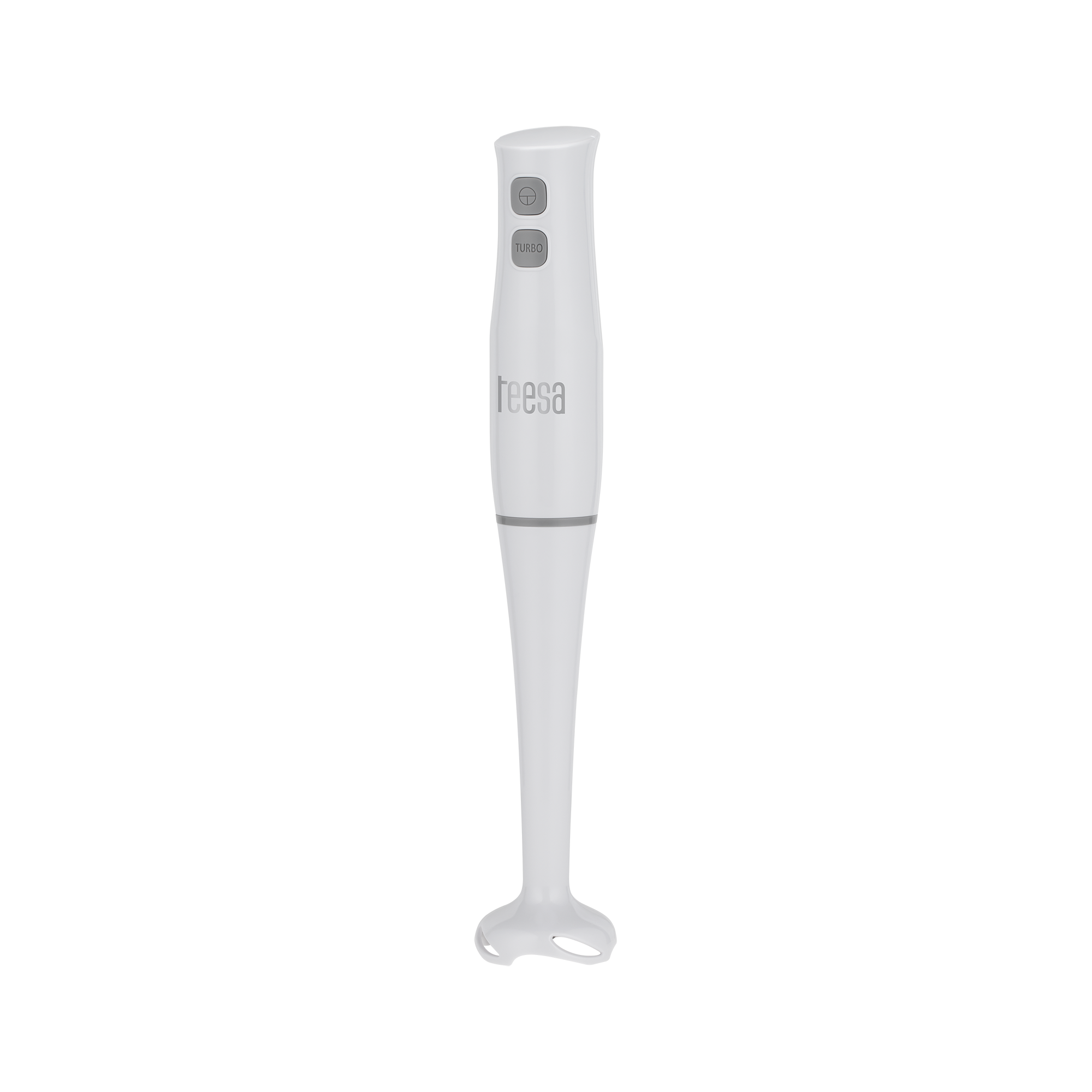 Biały blender ręczny z dwoma szarym przyciskami i napisem Teesa na czarnym tle.