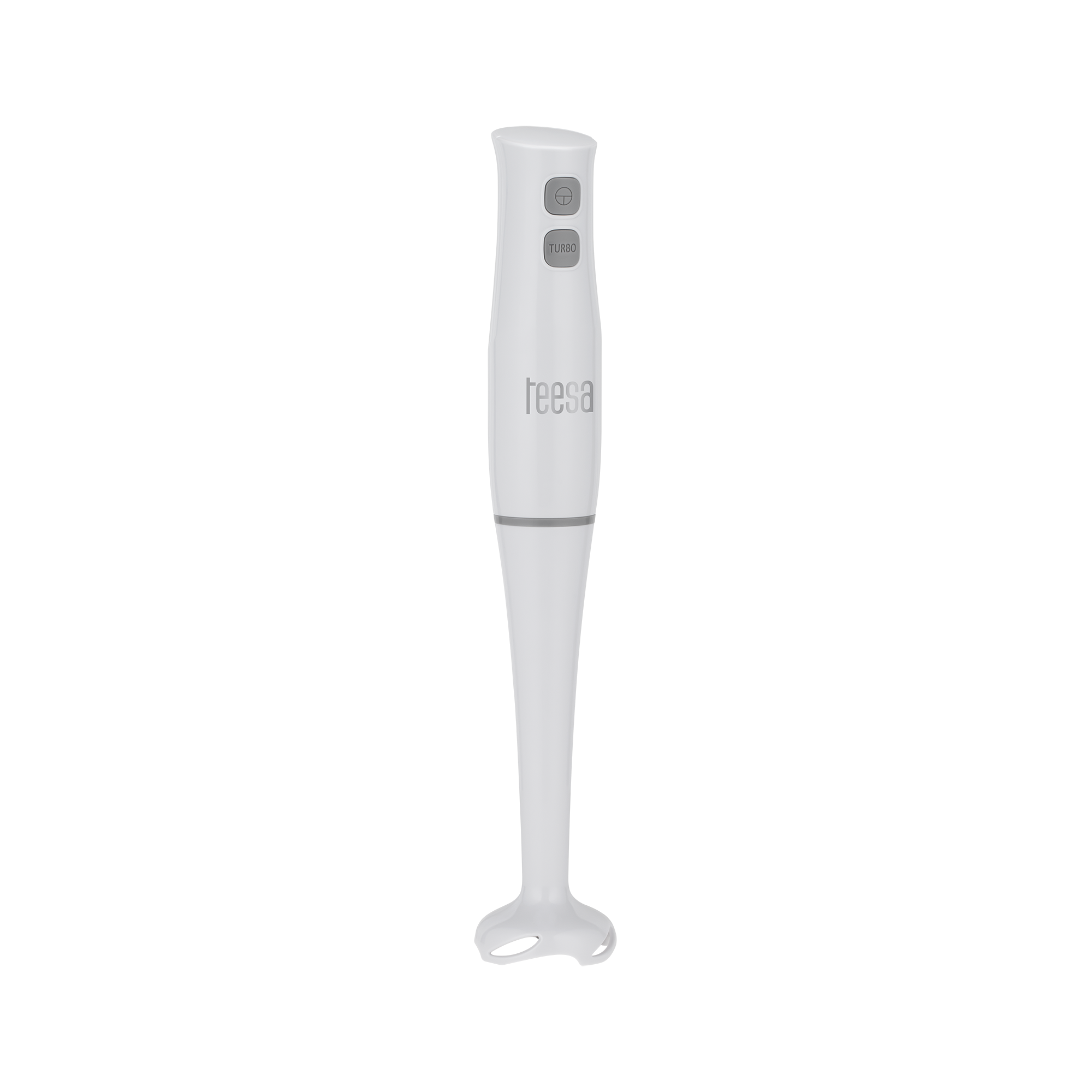 Biały blender ręczny z dwoma szarymi przyciskami na czarnym tle.