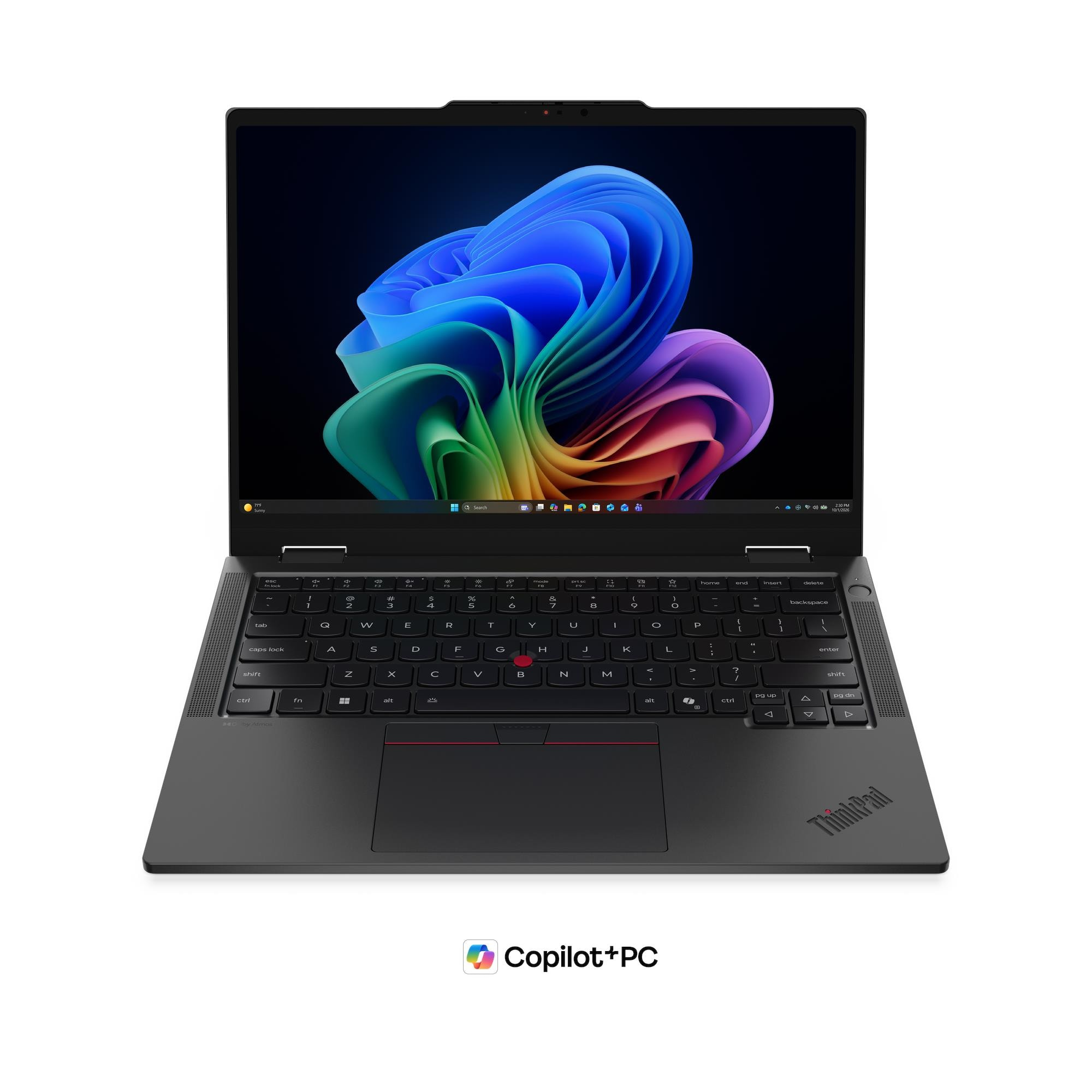 Un computer portatile nero con uno sfondo colorato sullo schermo e un trackpoint rosso.