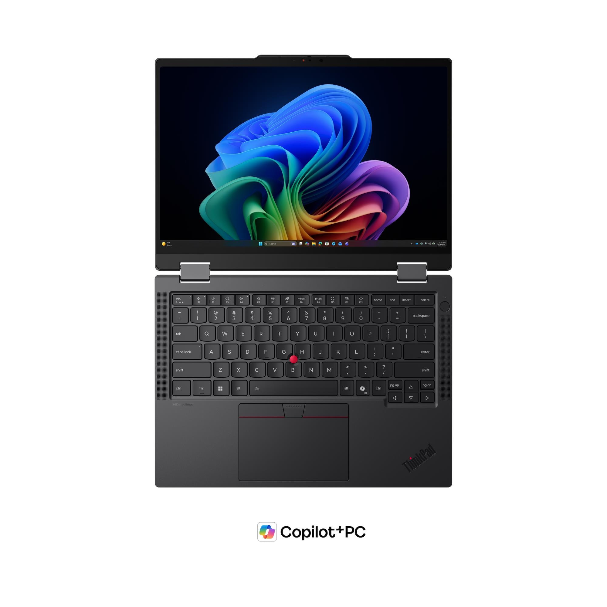 Un laptop nero aperto mostra un motivo a onde colorate sullo schermo e ha un touchpad.