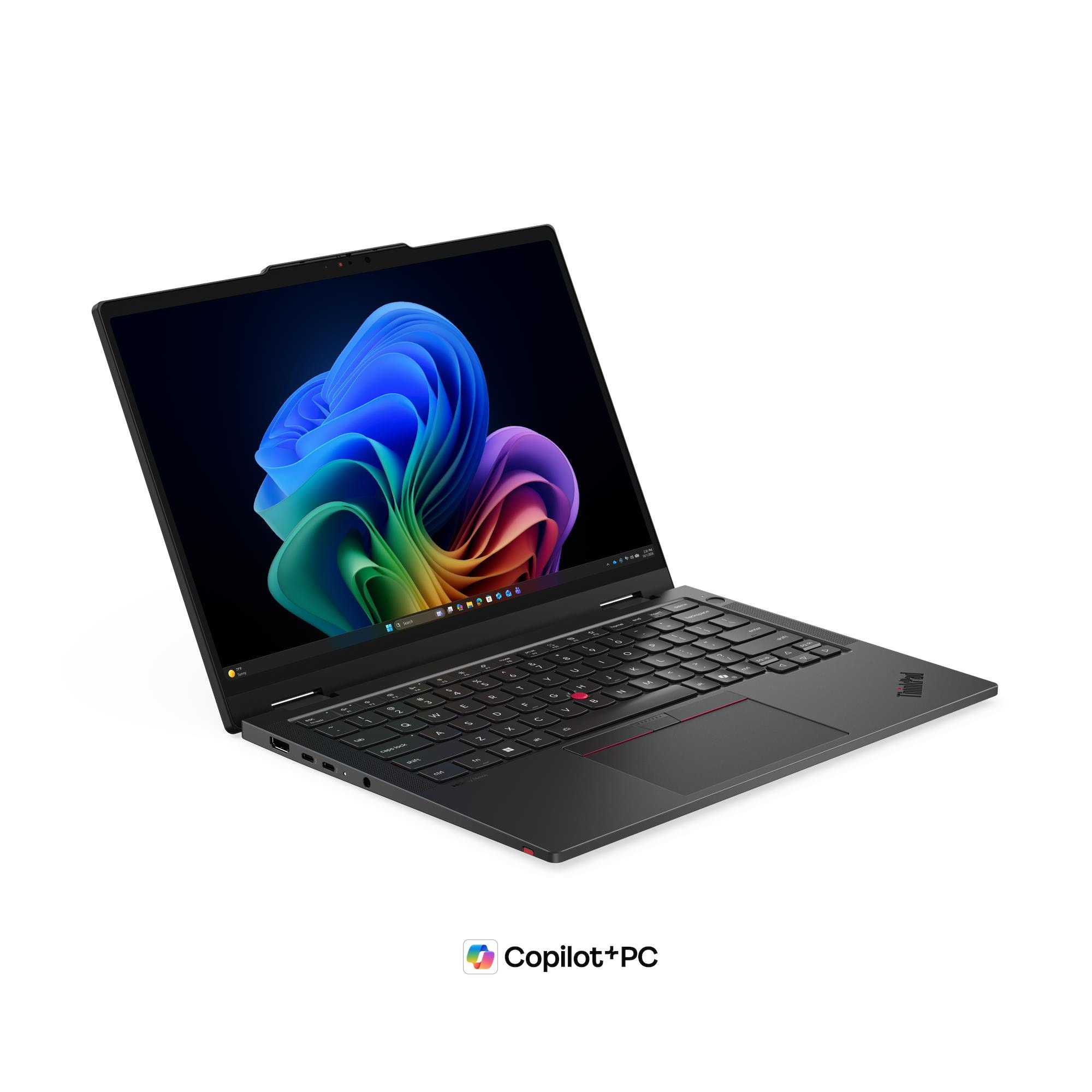 Un laptop nero su sfondo bianco mostra un motivo a onde astratte colorate sullo schermo.