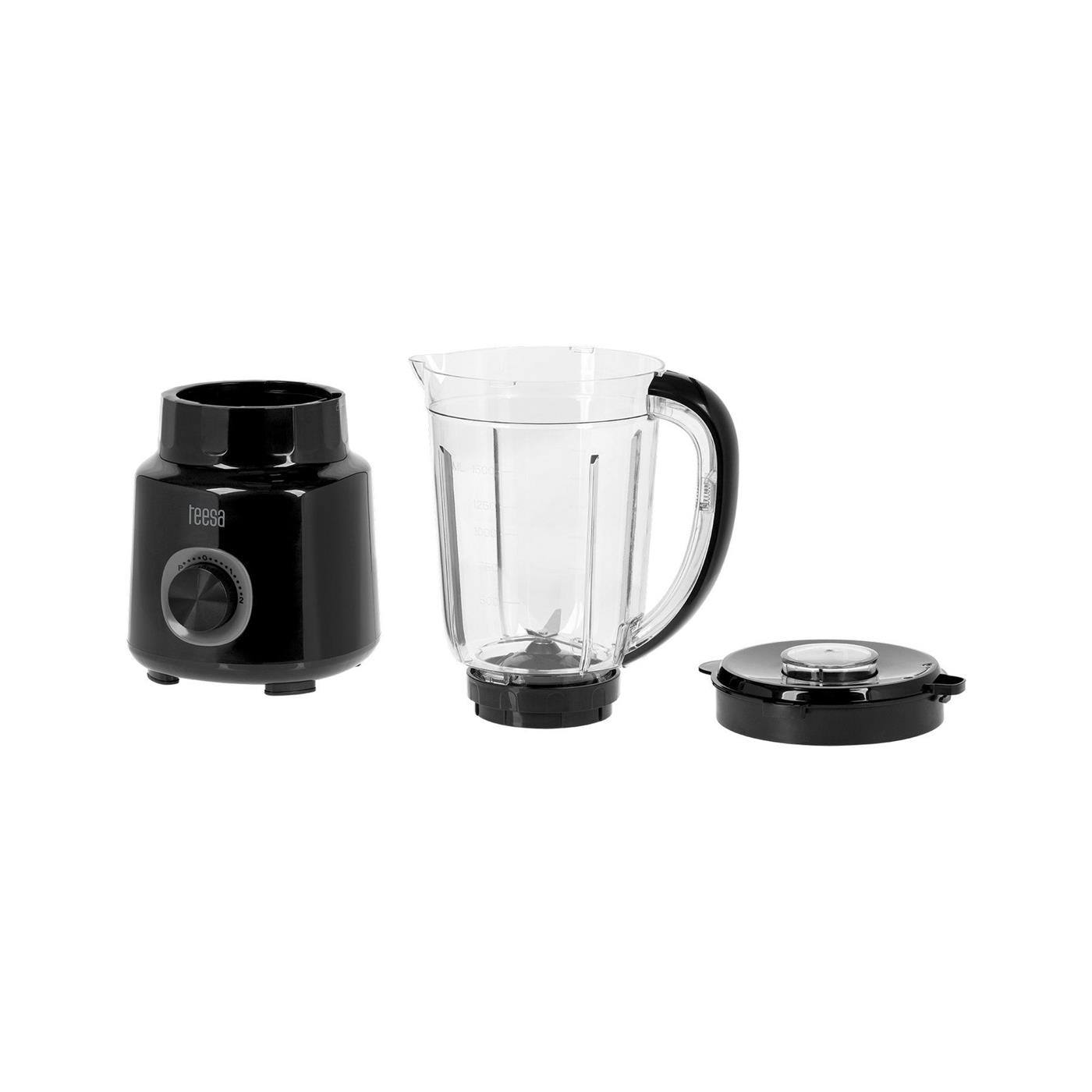 Czarny blender Teesa z odłączanym przezroczystym dzbankiem i osobną pokrywką na białym tle.