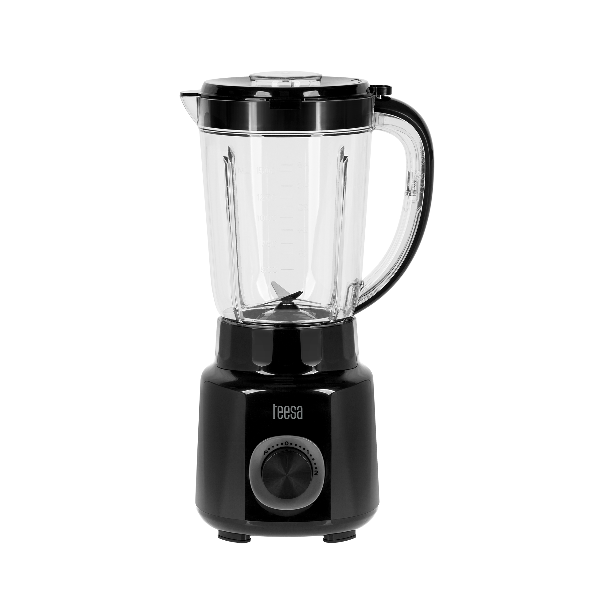 Czarny blender z przezroczystym dzbankiem i pokrętłem z przodu, na jednolitym czarnym tle.