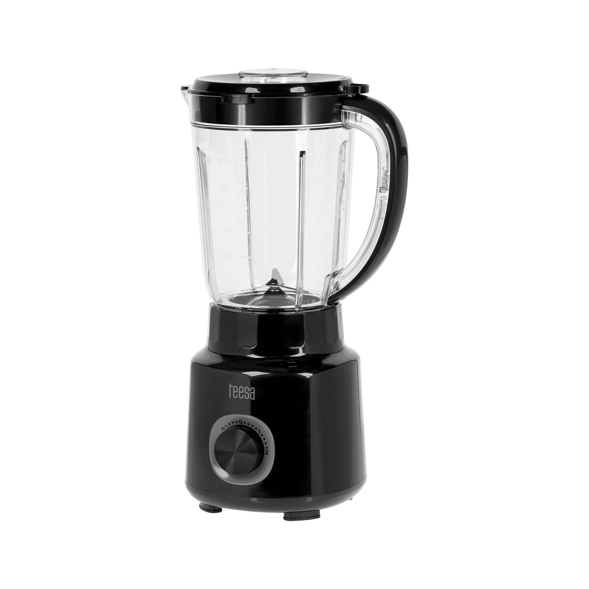Czarny blender stojący z przezroczystym szklanym dzbankiem, uchwytem, pokrętłem i logo Teesa na czarnym tle.
