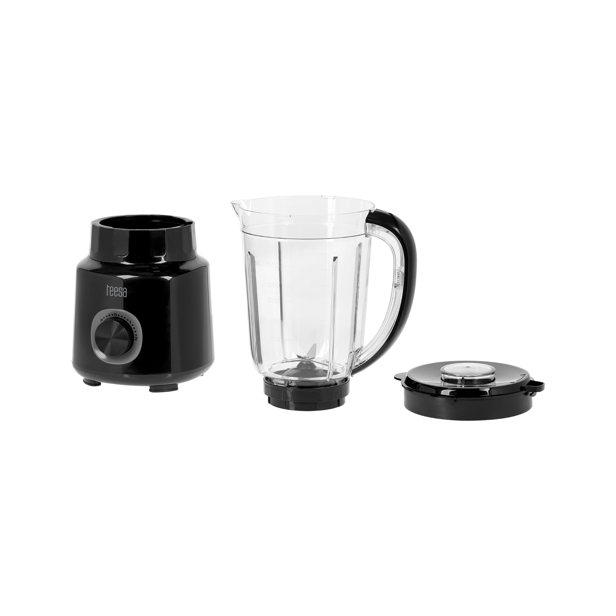 Rozłożony czarny blender z podstawą silnika, przezroczystym dzbankiem i pokrywką na czarnym tle.