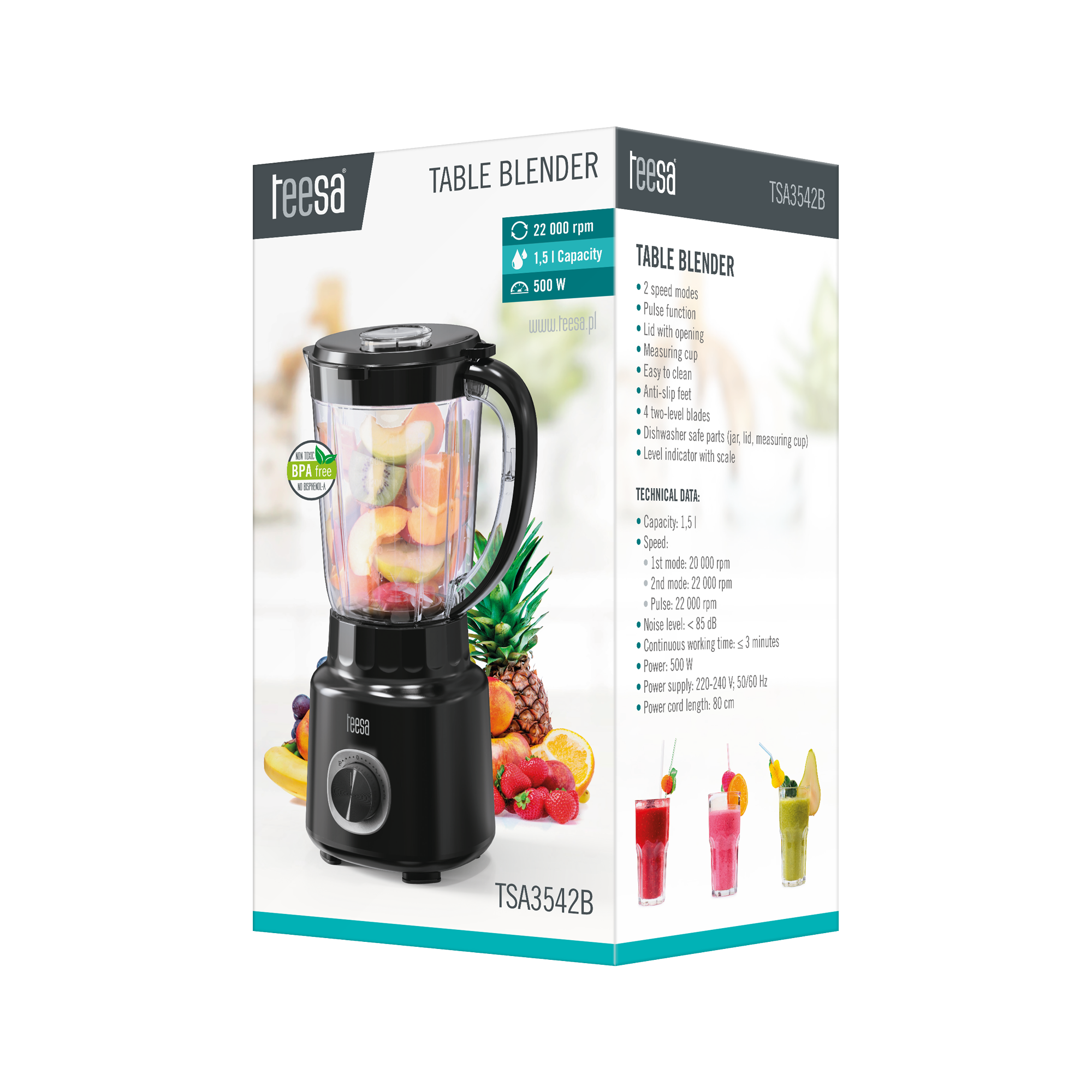 Opakowanie czarnego blender stołowego Teesa z owocami i specyfikacją techniczną.