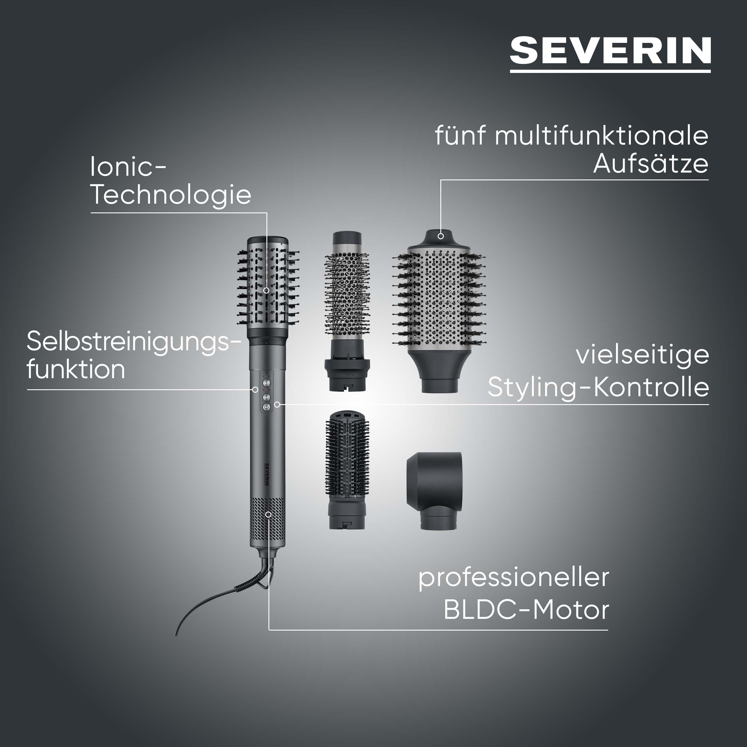 Piastra per capelli Severin con cinque accessori intercambiabili ed etichette in tedesco.