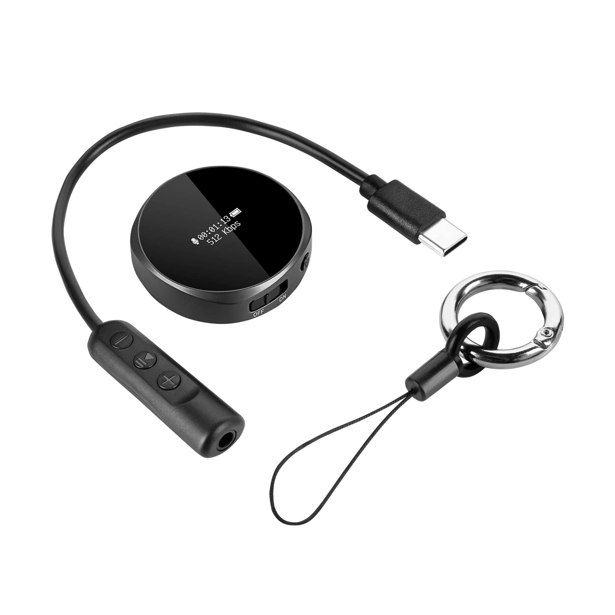 Czarny cyfrowy rejestrator głosu z kablem USB-C i kółkiem na smycz na czarnym tle.
