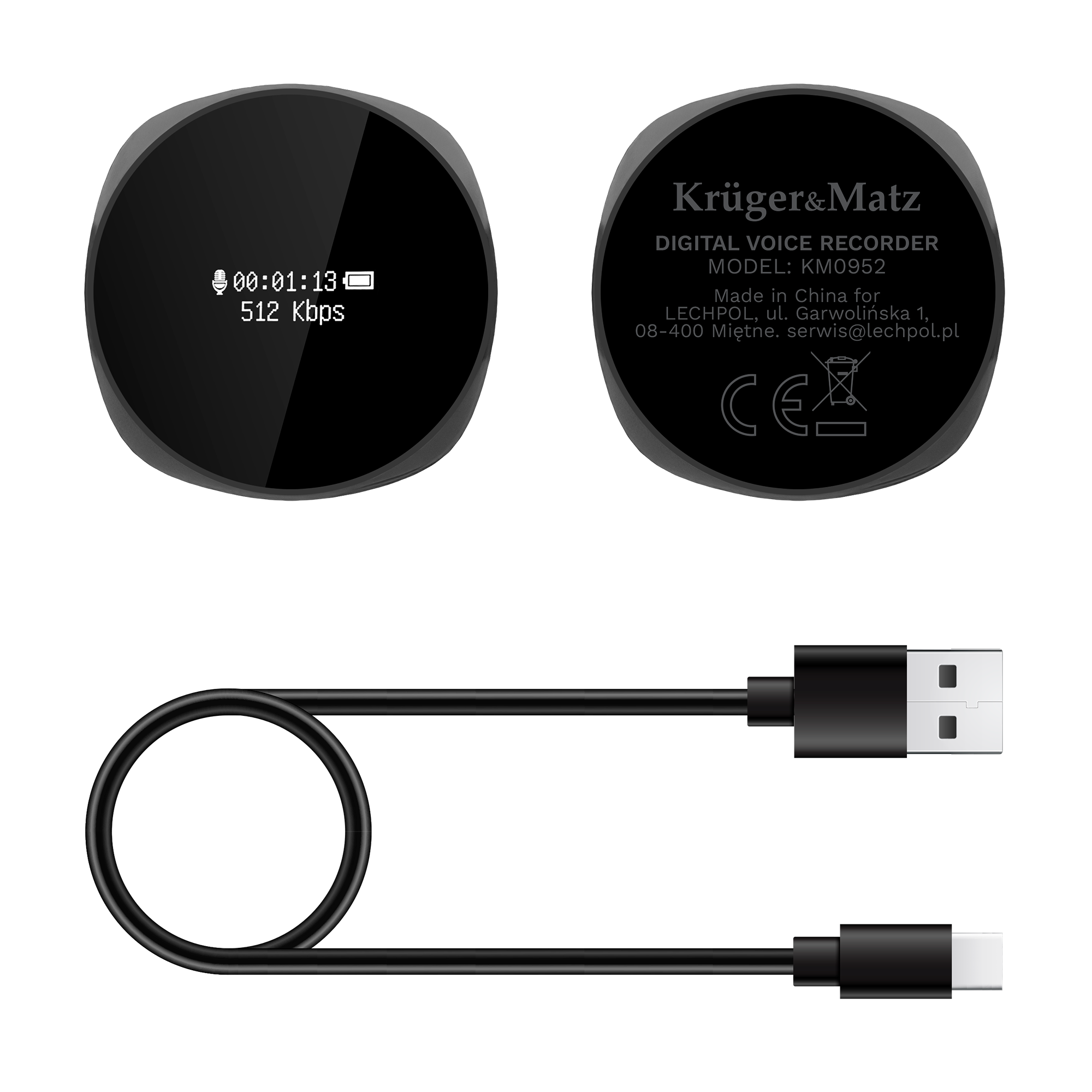 Czarny cyfrowy rejestrator głosu pokazany z przodu i z tyłu oraz czarny kabel ładujący USB.