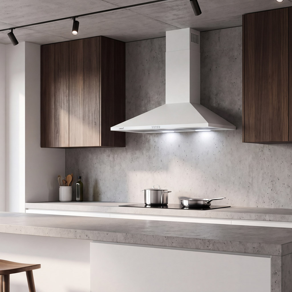 Una cucina moderna con piani in cemento, mobili in legno, cappa bianca, pentola e padella sul piano cottura.
