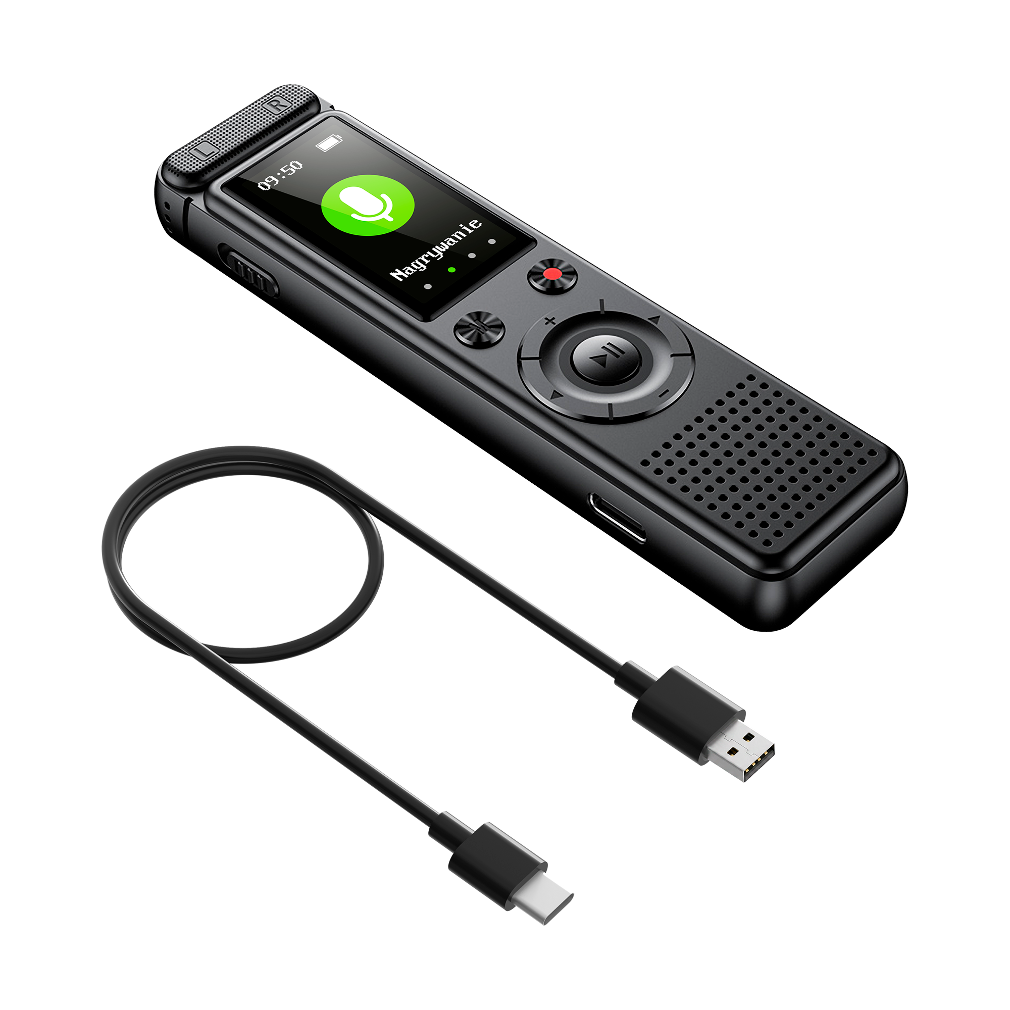 Czarny cyfrowy dyktafon z kolorowym ekranem oraz pasujący kabel USB na czarnym tle.