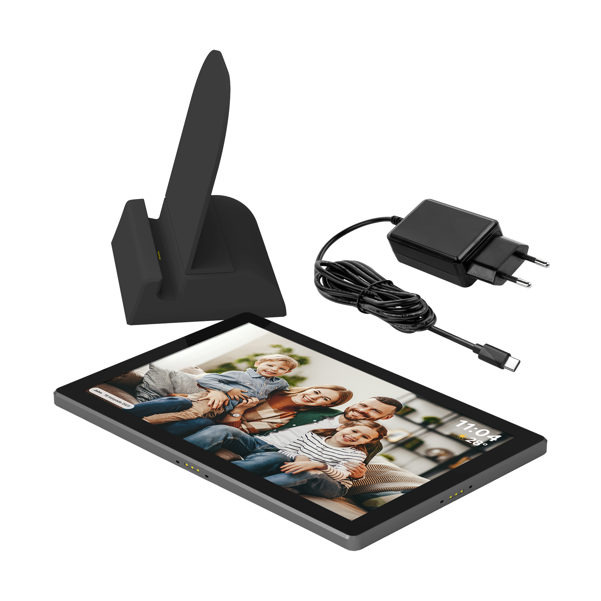 Tablet ze zdjęciem rodziny na ekranie, stacja dokująca i zasilacz na czarnym tle.