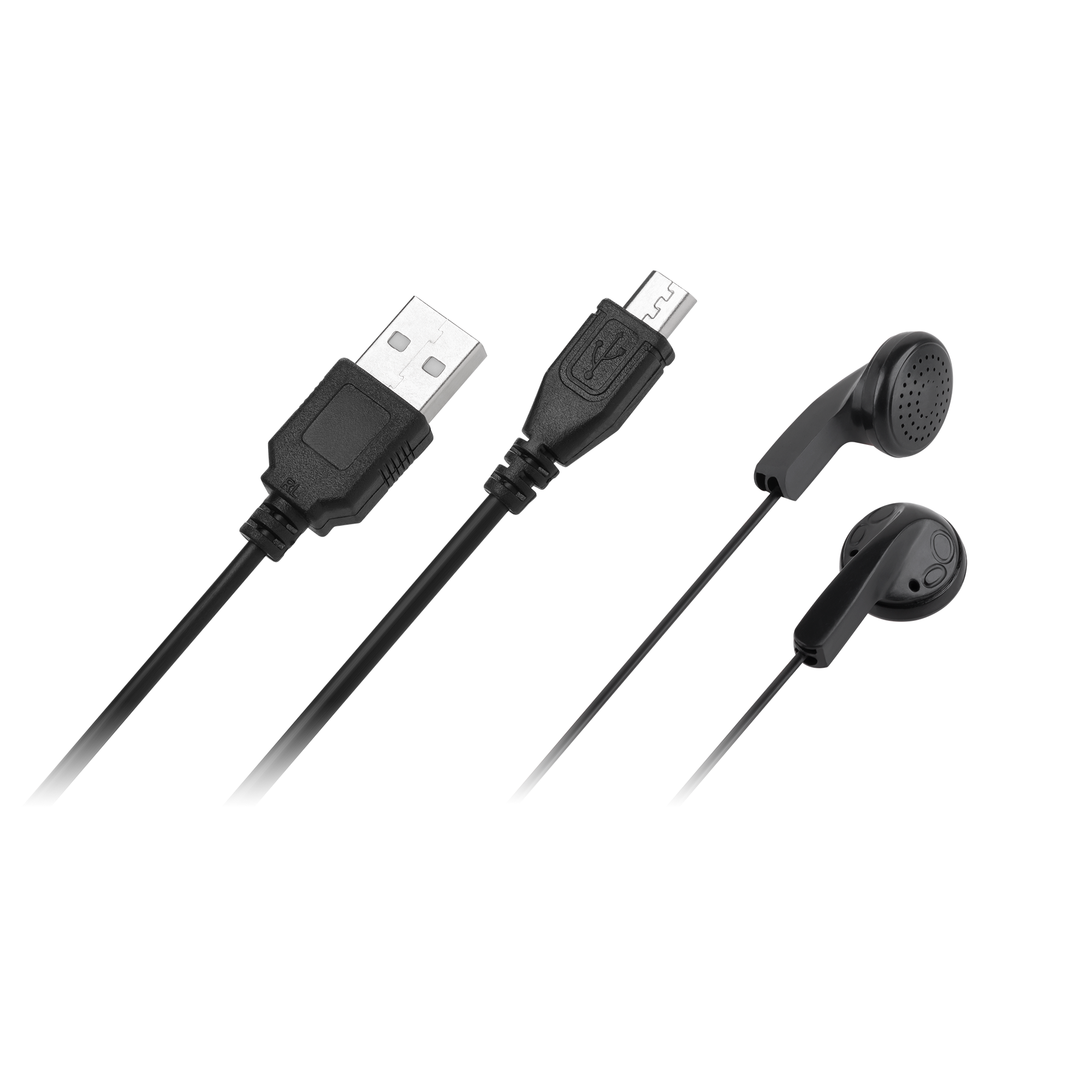 Czarne słuchawki i dwa kable USB na ciemnym tle.