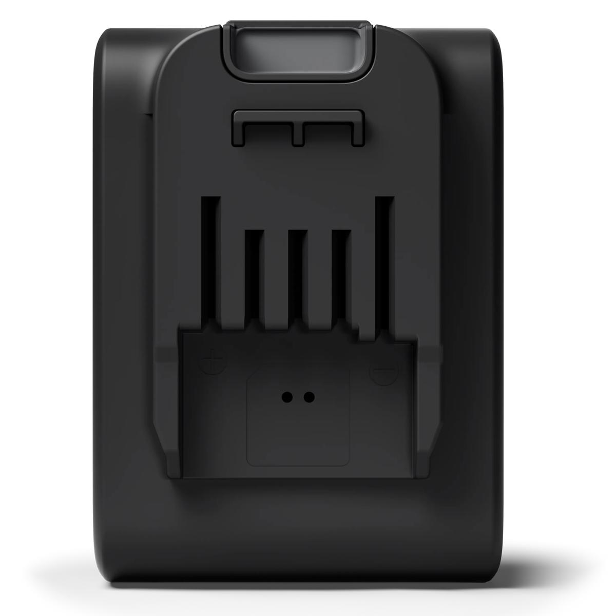 Un adattatore per batteria nero e rettangolare con slot e clip.