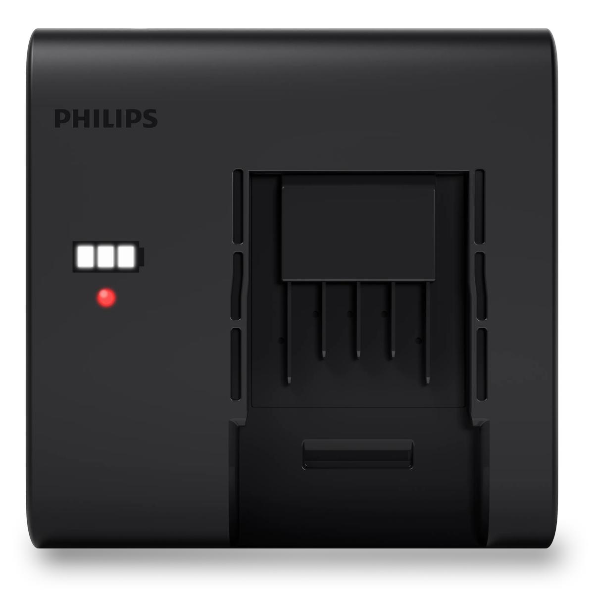Un caricabatterie Philips nero con tre spie di stato bianche e una spia rossa.