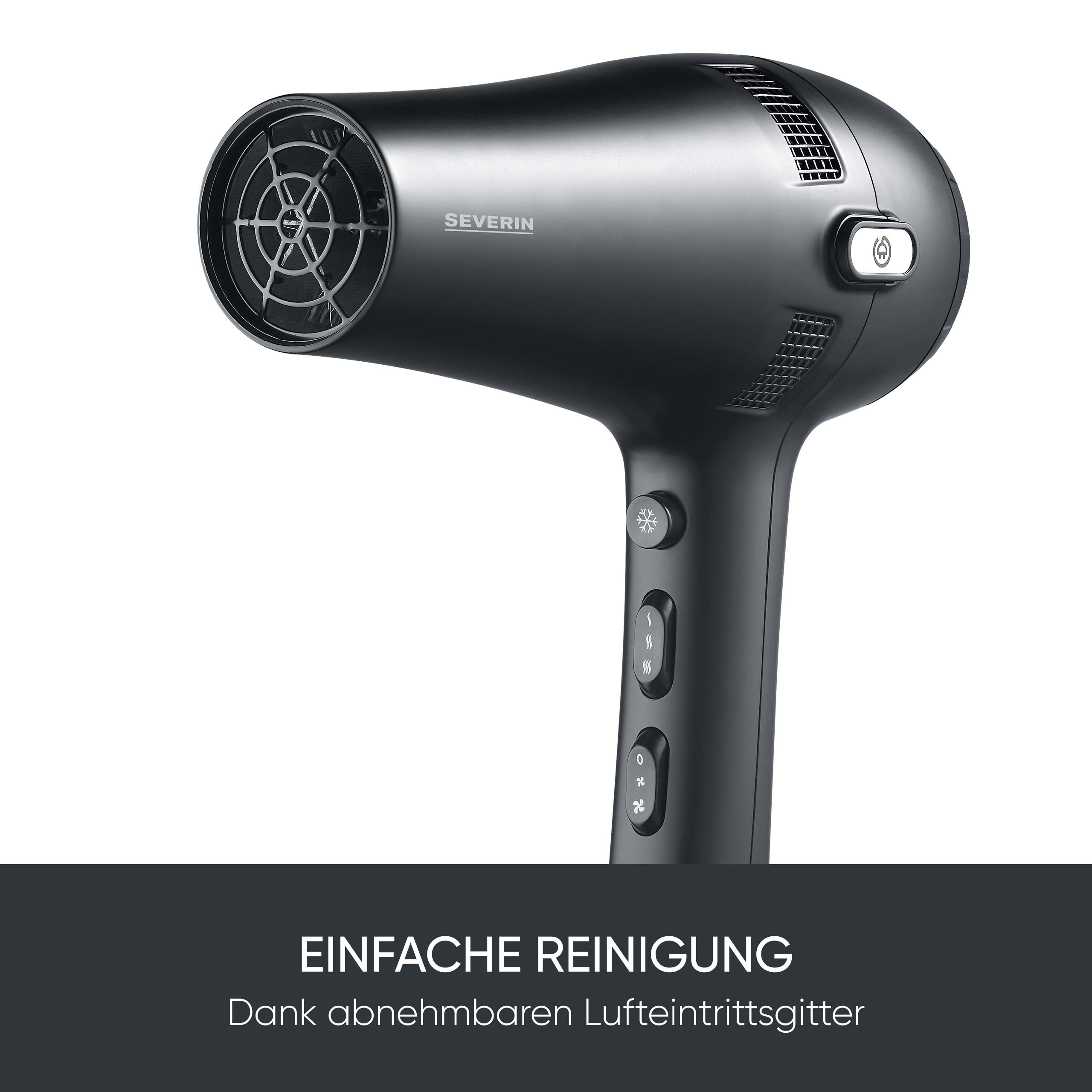Un sèche-cheveux noir Severin avec des boutons de commande et le texte 'Einfache Reinigung' en bas.