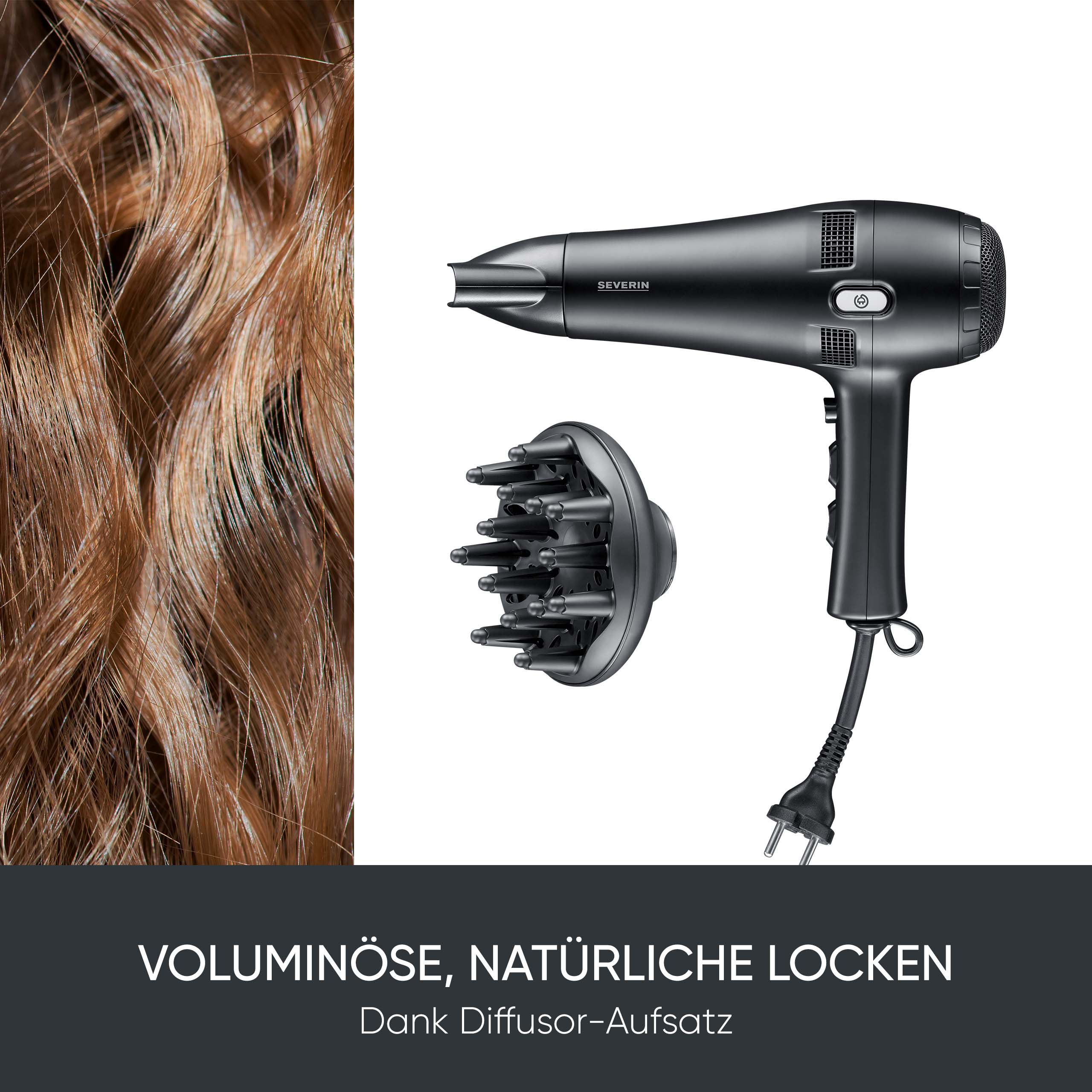 Un sèche-cheveux noir Severin avec un diffuseur à côté de cheveux bruns ondulés et un texte promotionnel allemand.