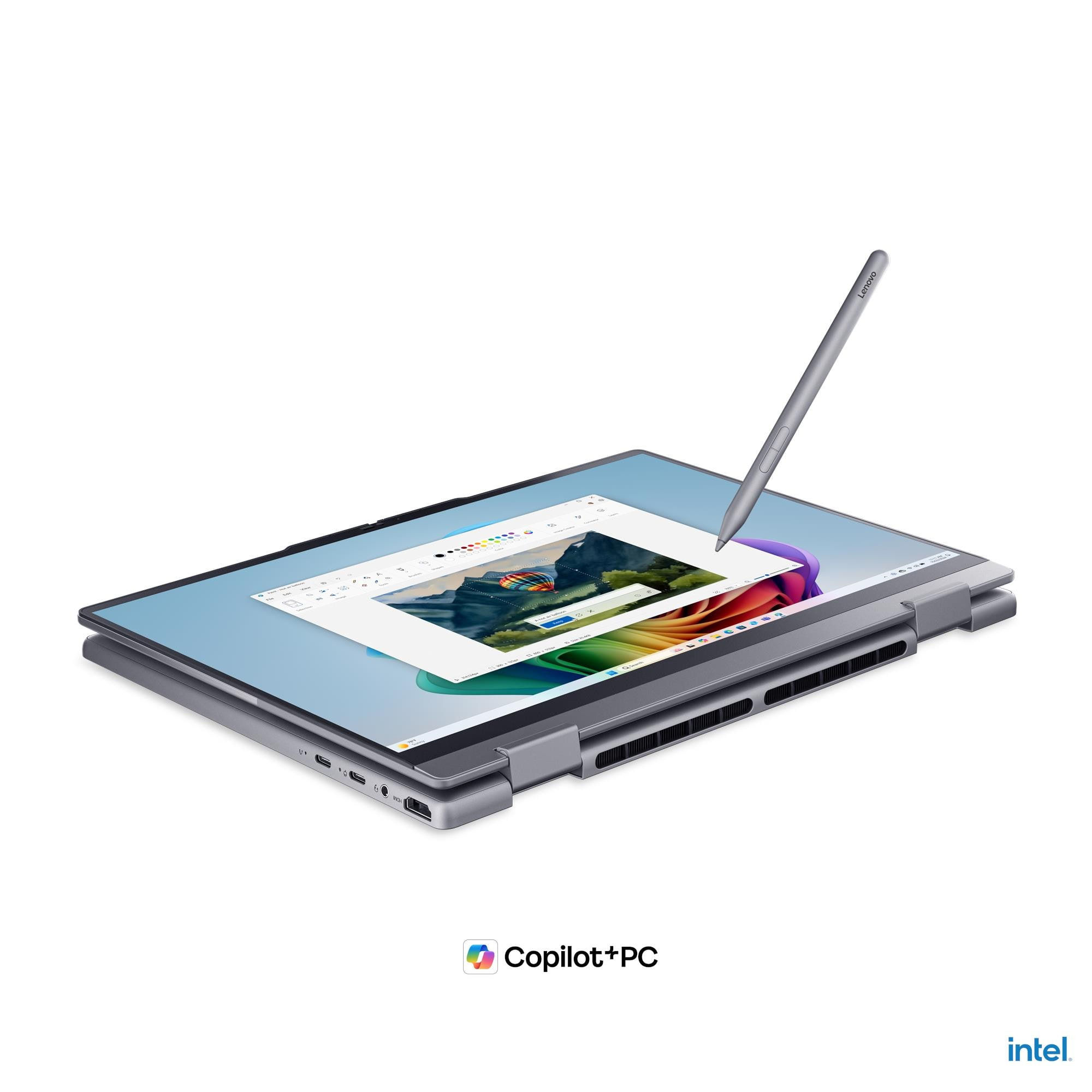 Portatile grigio in modalità tablet con stilo sullo schermo.