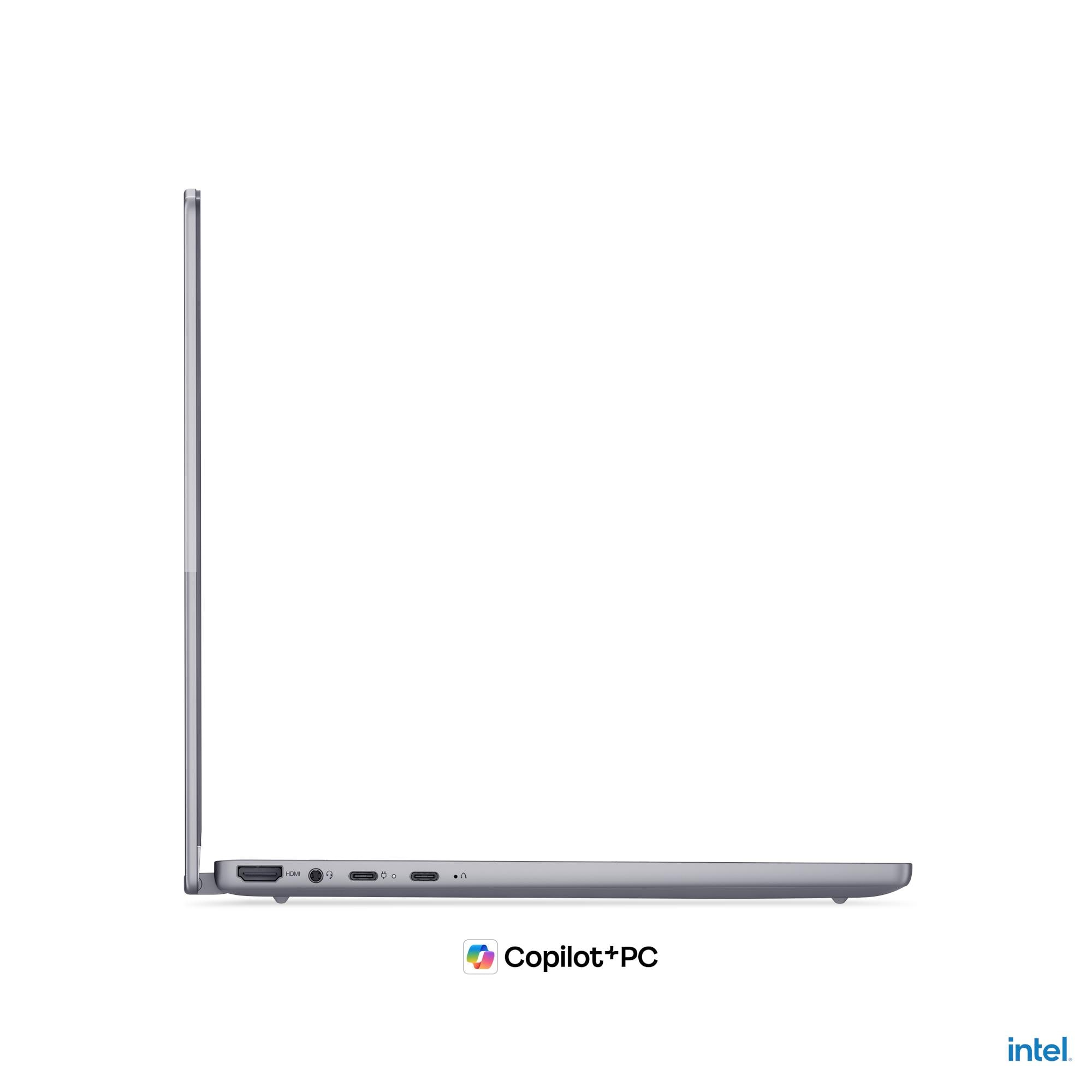 Vista laterale di un laptop sottile argentato con porte, logo Copilot+ PC e logo Intel.