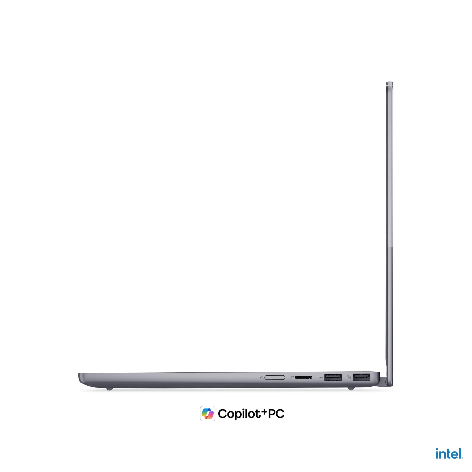 Vista laterale di un notebook grigio sottile con porte, pulsante di accensione e logo Copilot+PC.