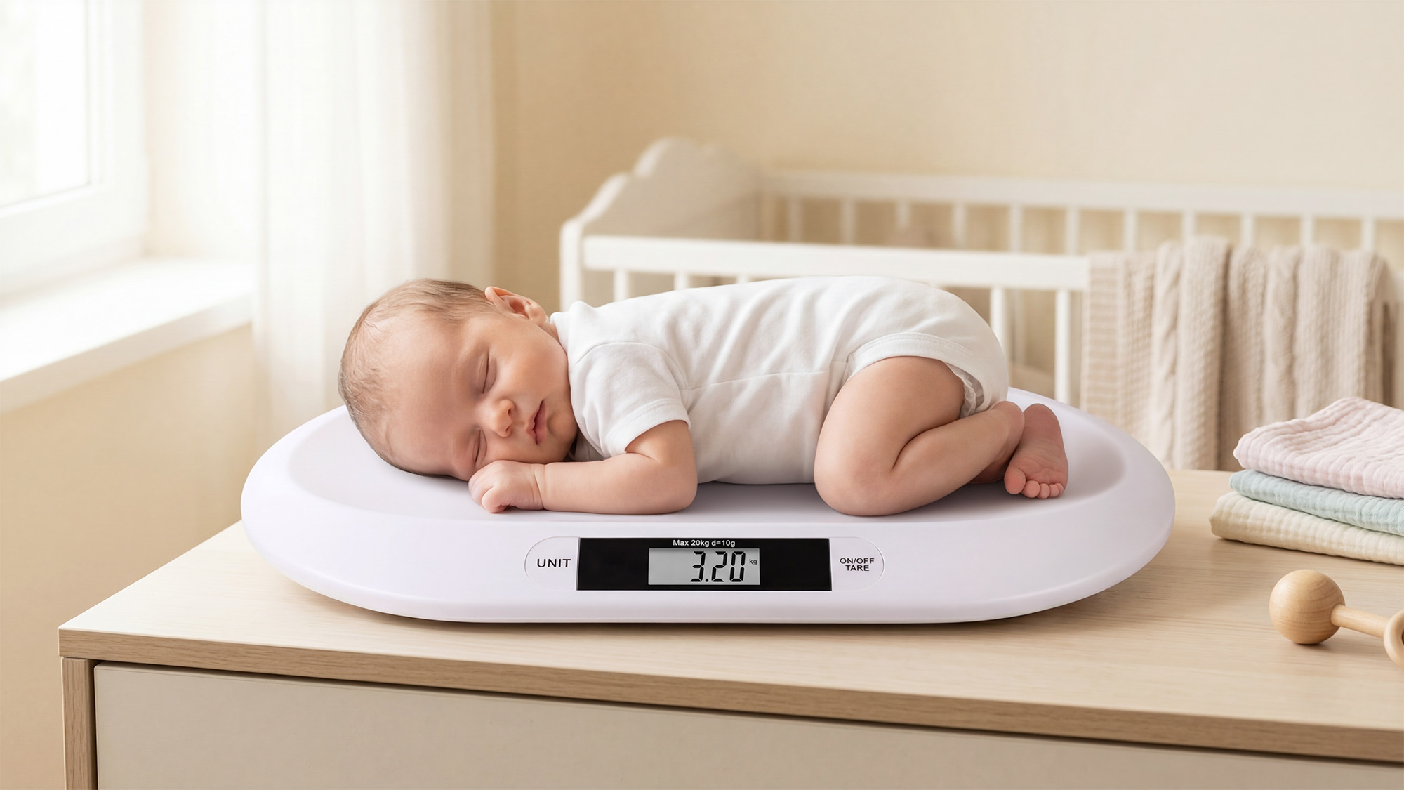 Noworodek śpi na białej wadze niemowlęcej pokazującej 3,20 kg, na drewnianym stole.